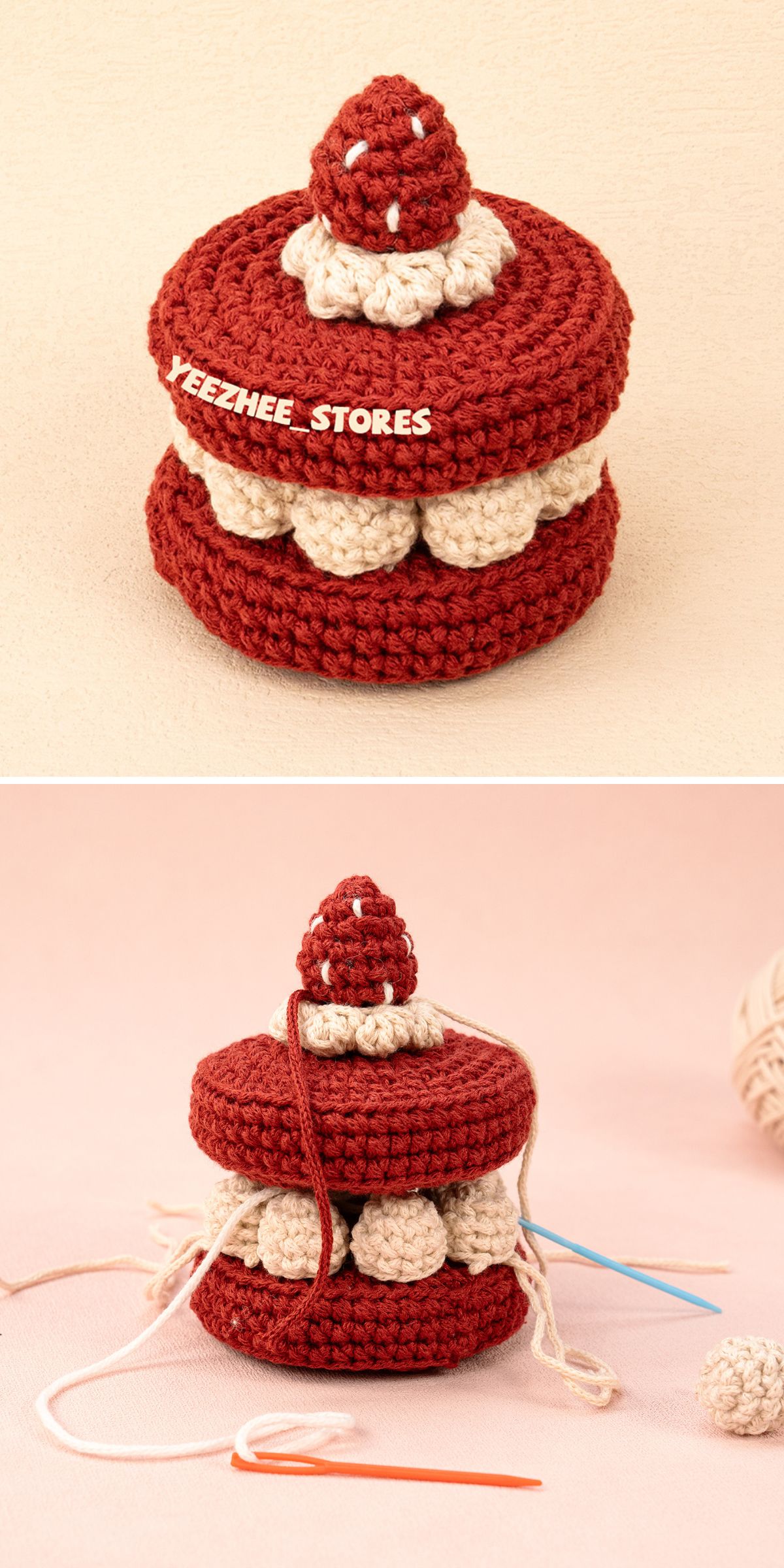 a crocheted cake in red and cream colors