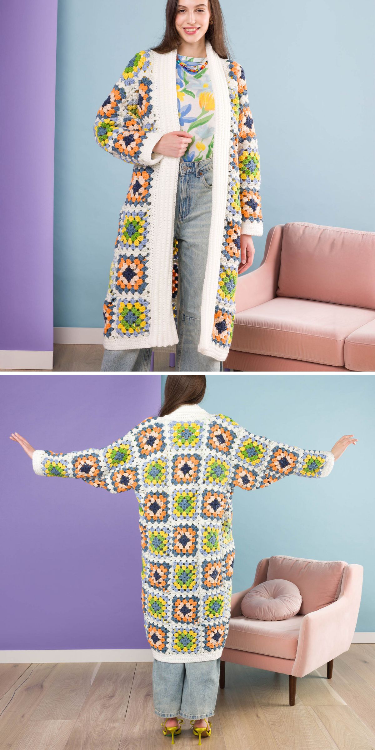 a woman wearing a long crochet cardigan made of colorful granny squares