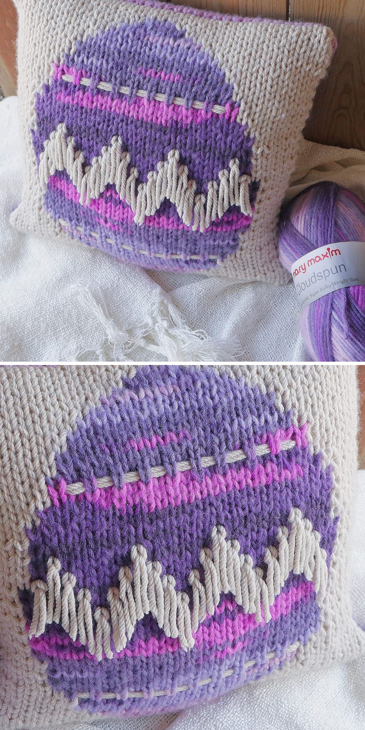 a crochet pillow with an Easter egg design 