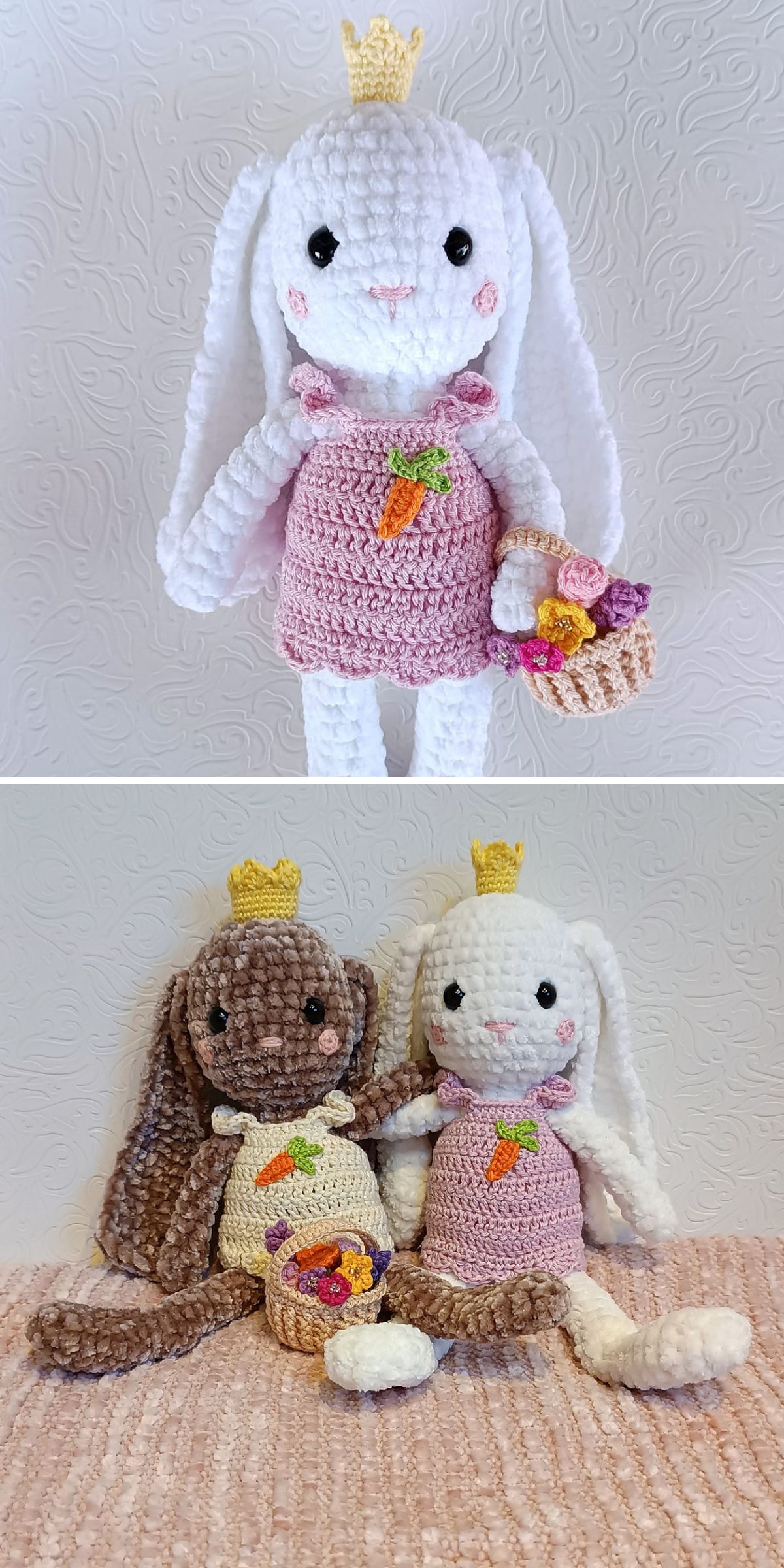 bunny doll wearing a pink dress and a small crown, holding a tiny basket with flowers