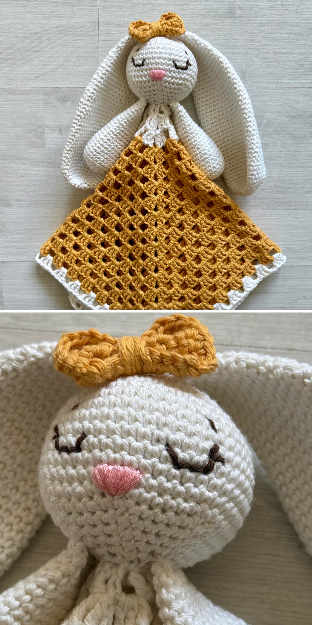 a crochet lovey with a sleeping bunny face 