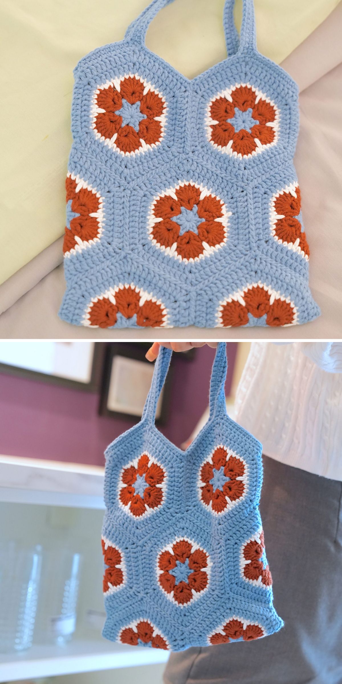 a light blue crocheted bag made of hexagons with flower motifs