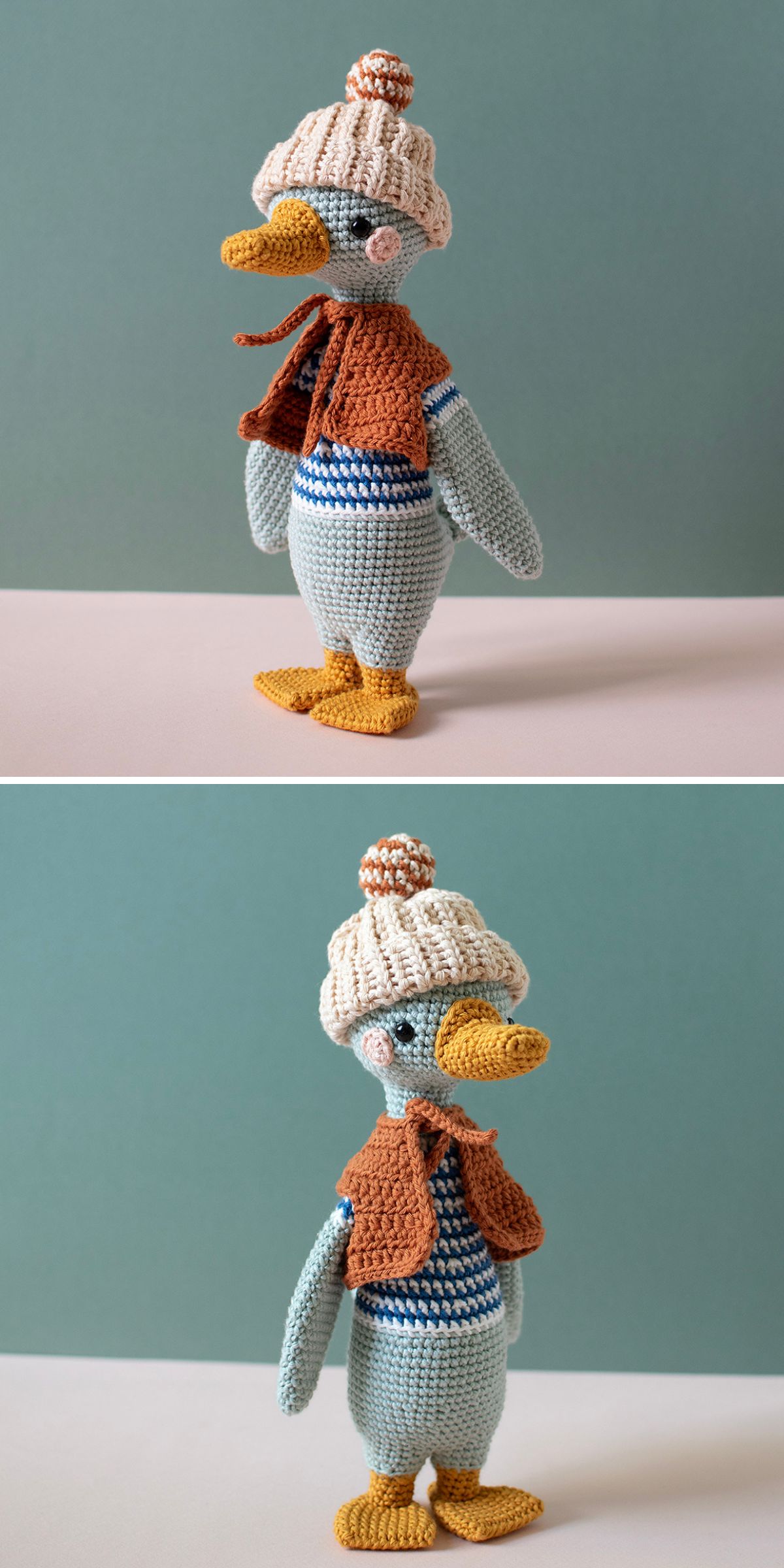 an adorable standing crochet duck doll wearing clothes