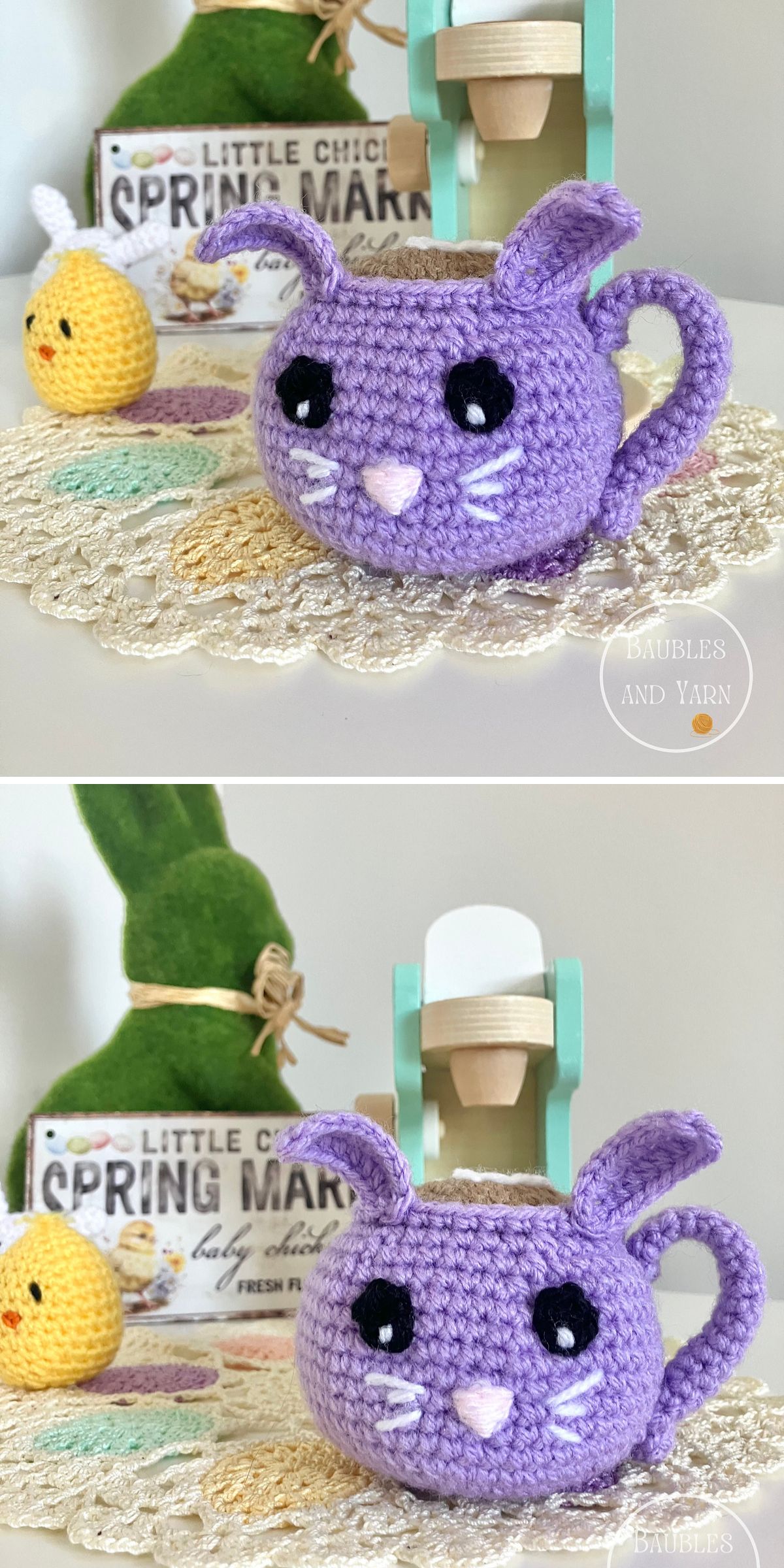 a funny crocheted mug in a purple color