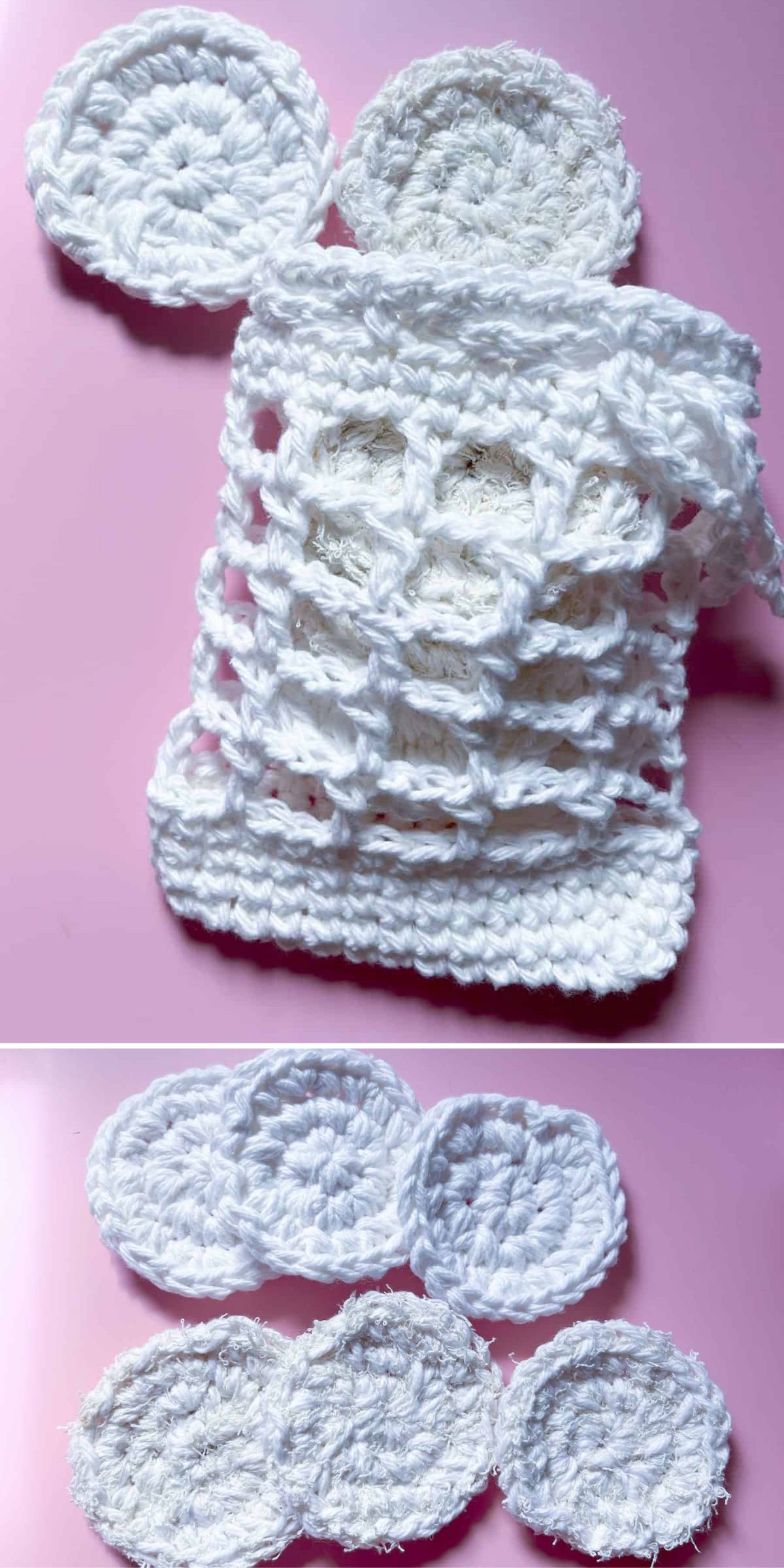 Two images show white crochet spa circular pads and a matching mesh pouch on a pink background.