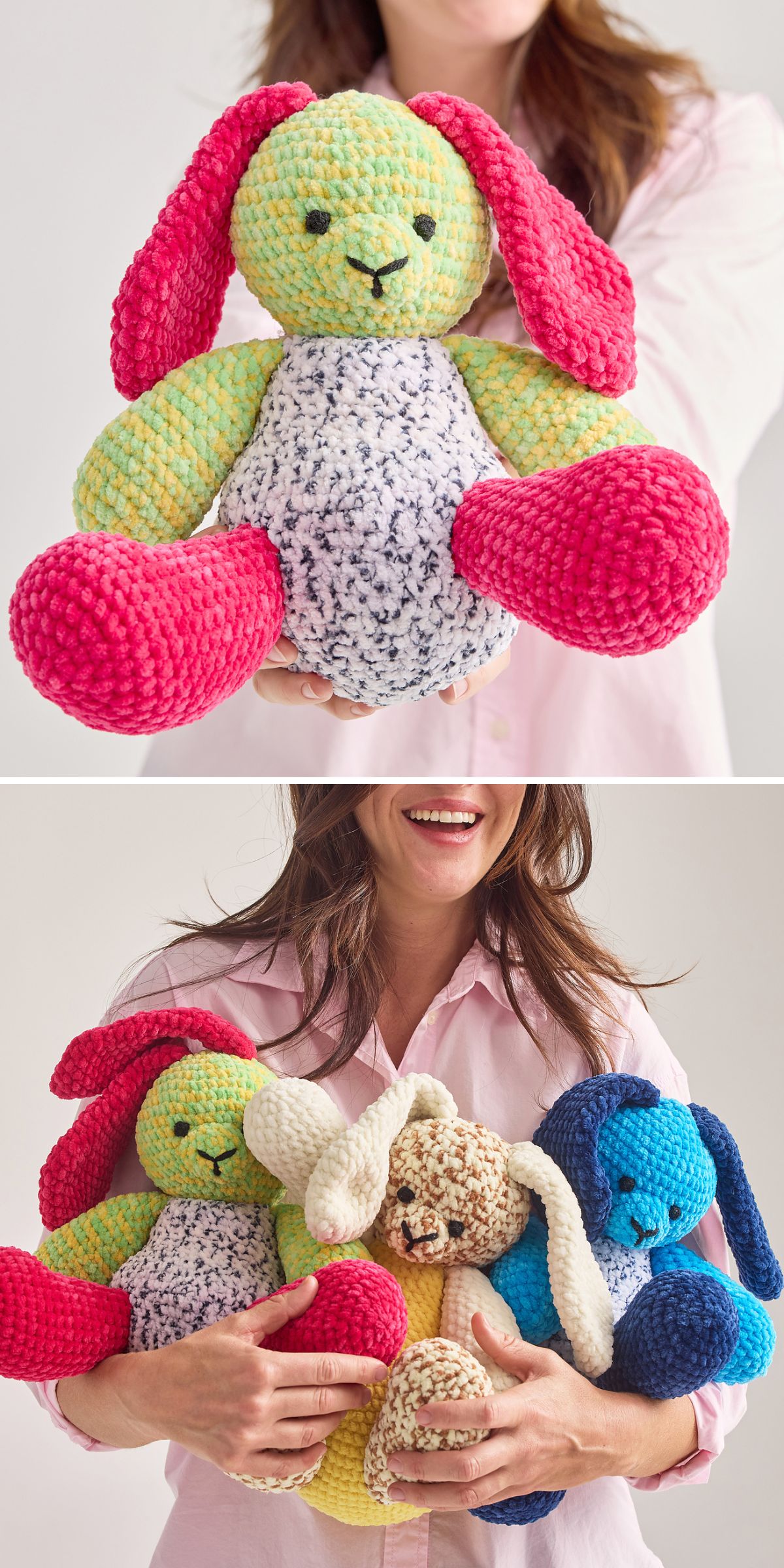 large colorful bunny plushies with long floppy ears and thick arms and legs