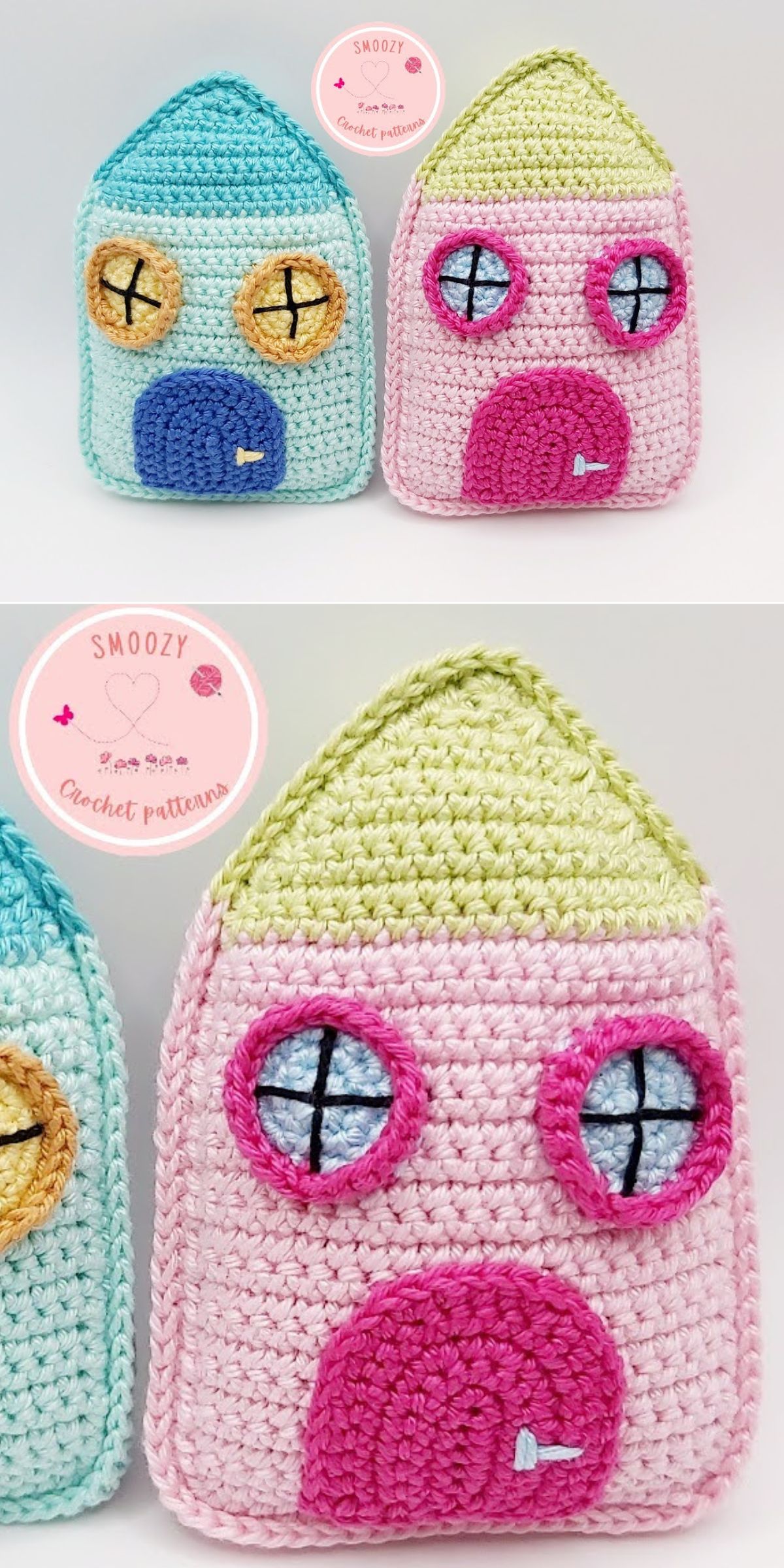 two crocheted playhouses in blue and in pink