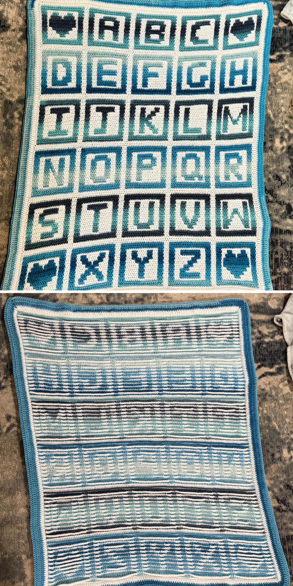 a crochet baby blanket with alphabet letters