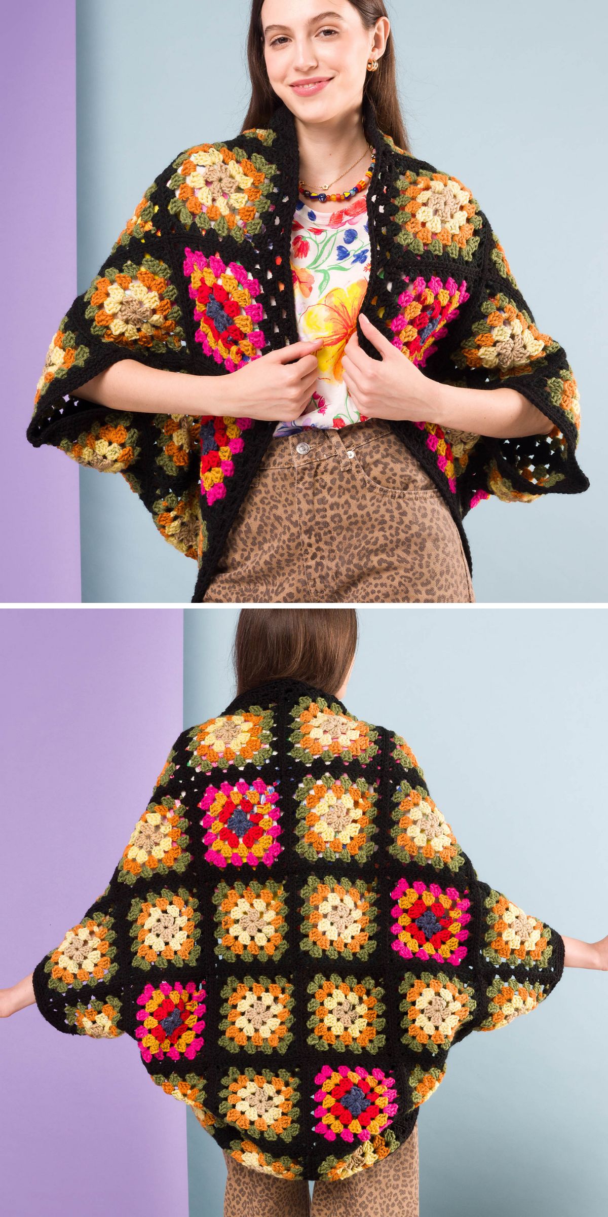 a crochet cocoon cardigan made of granny squares in contrasting colors