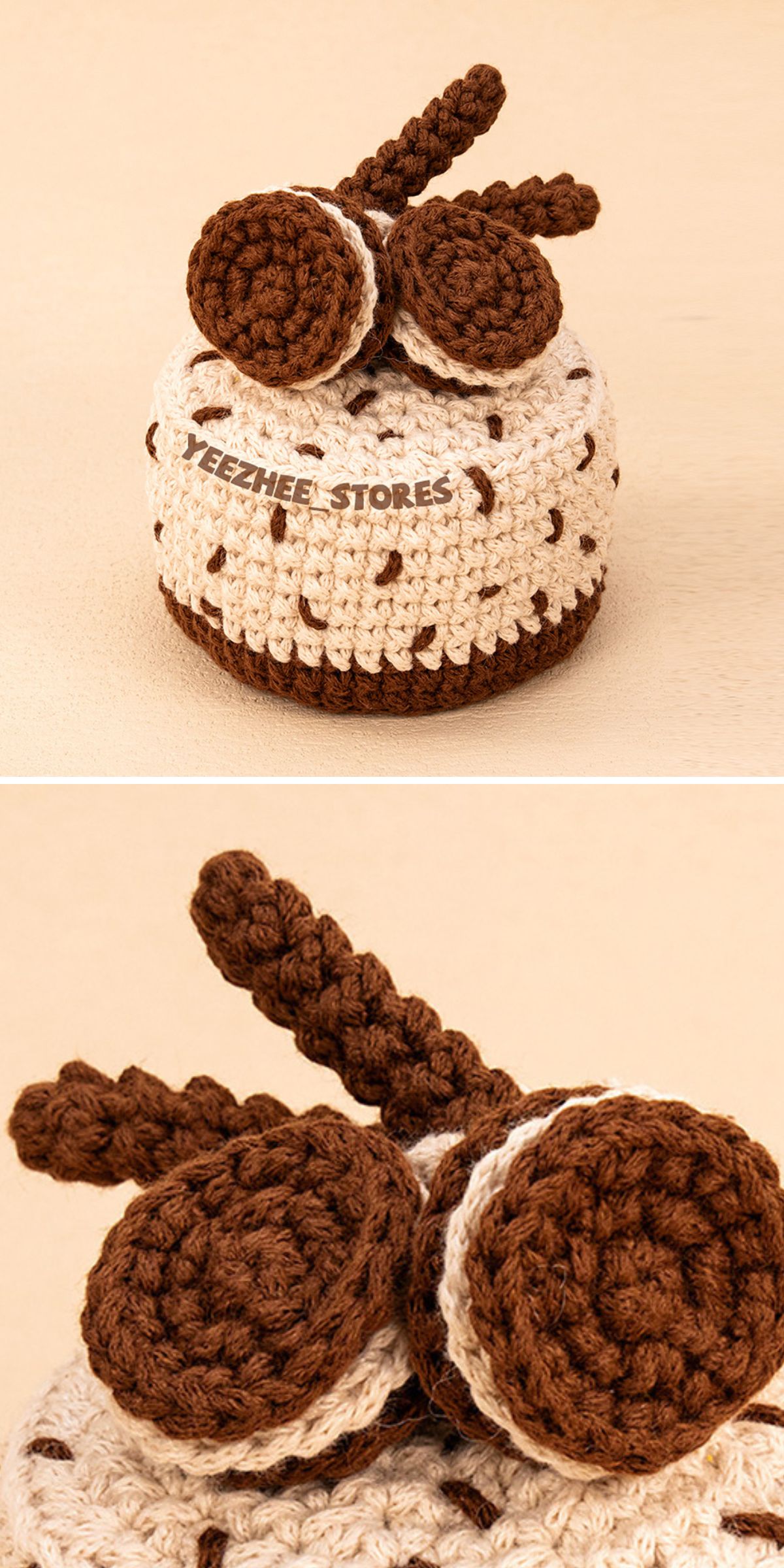 a detailed crochet cake with oreo cookies at the top