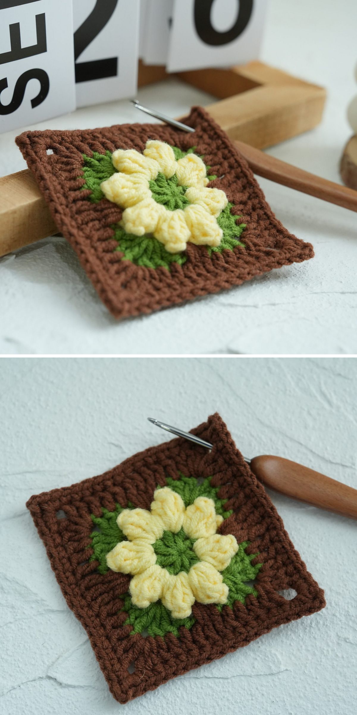 a crochet granny square with a textured flower center and a brown framing