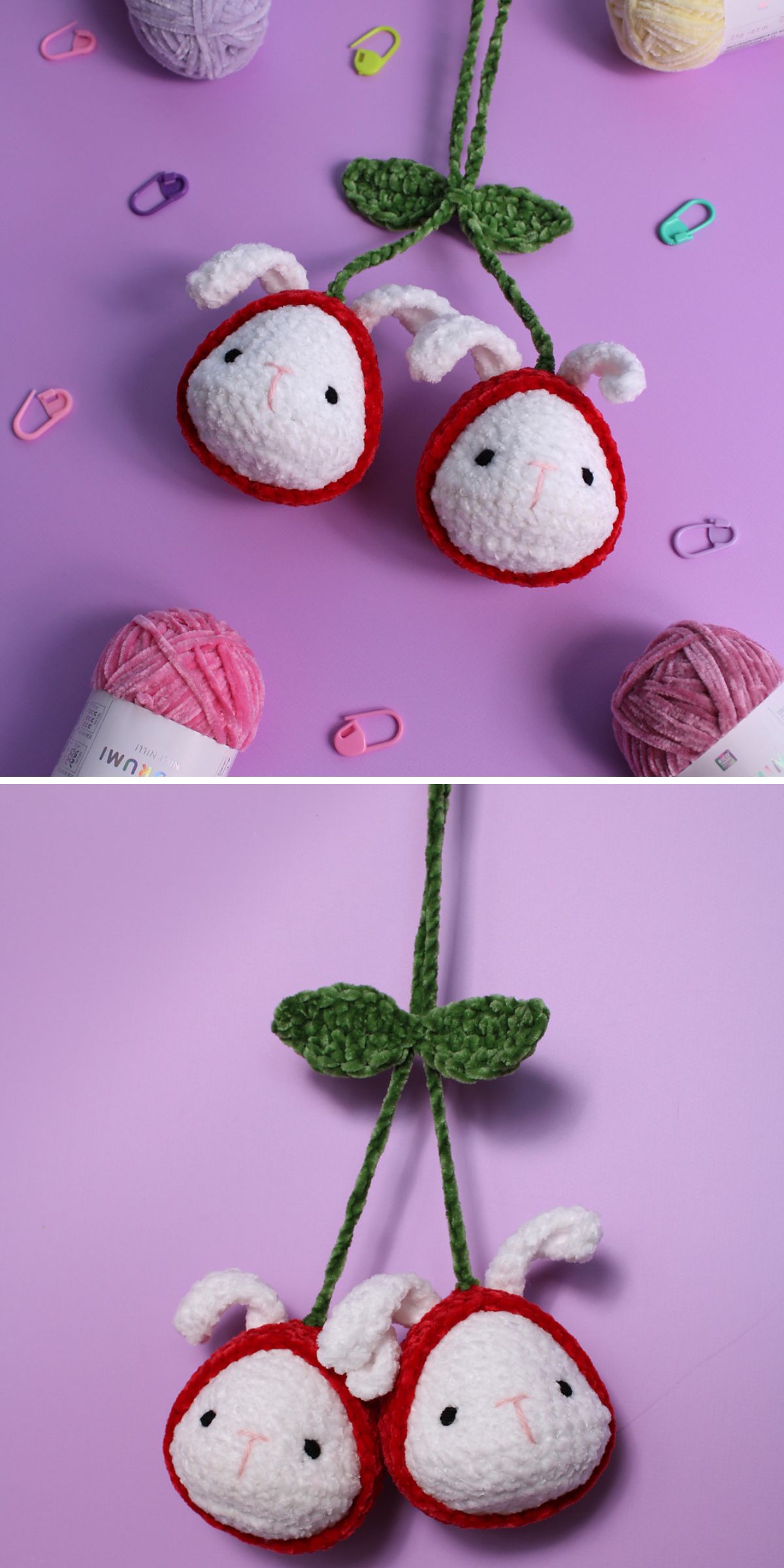 a crochet bunny-cherry duo