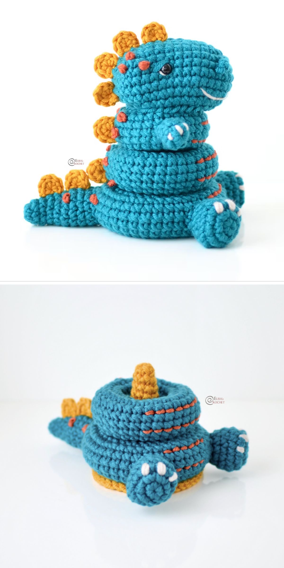 a blue crochet dinosaur toy made up of round elements