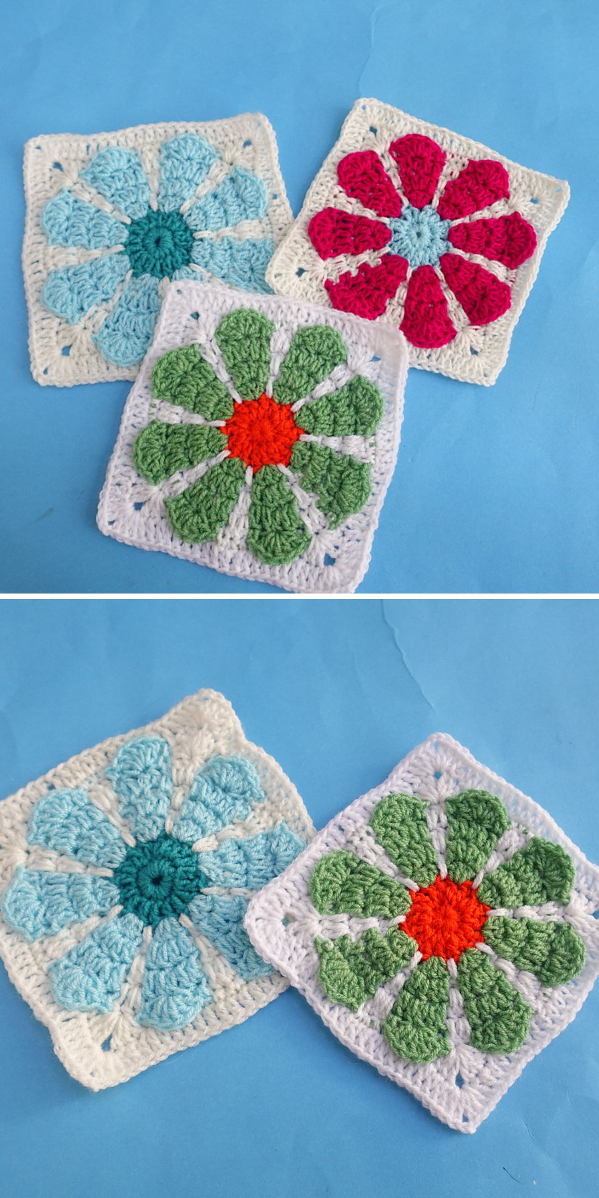a crochet granny square with a large flower motif