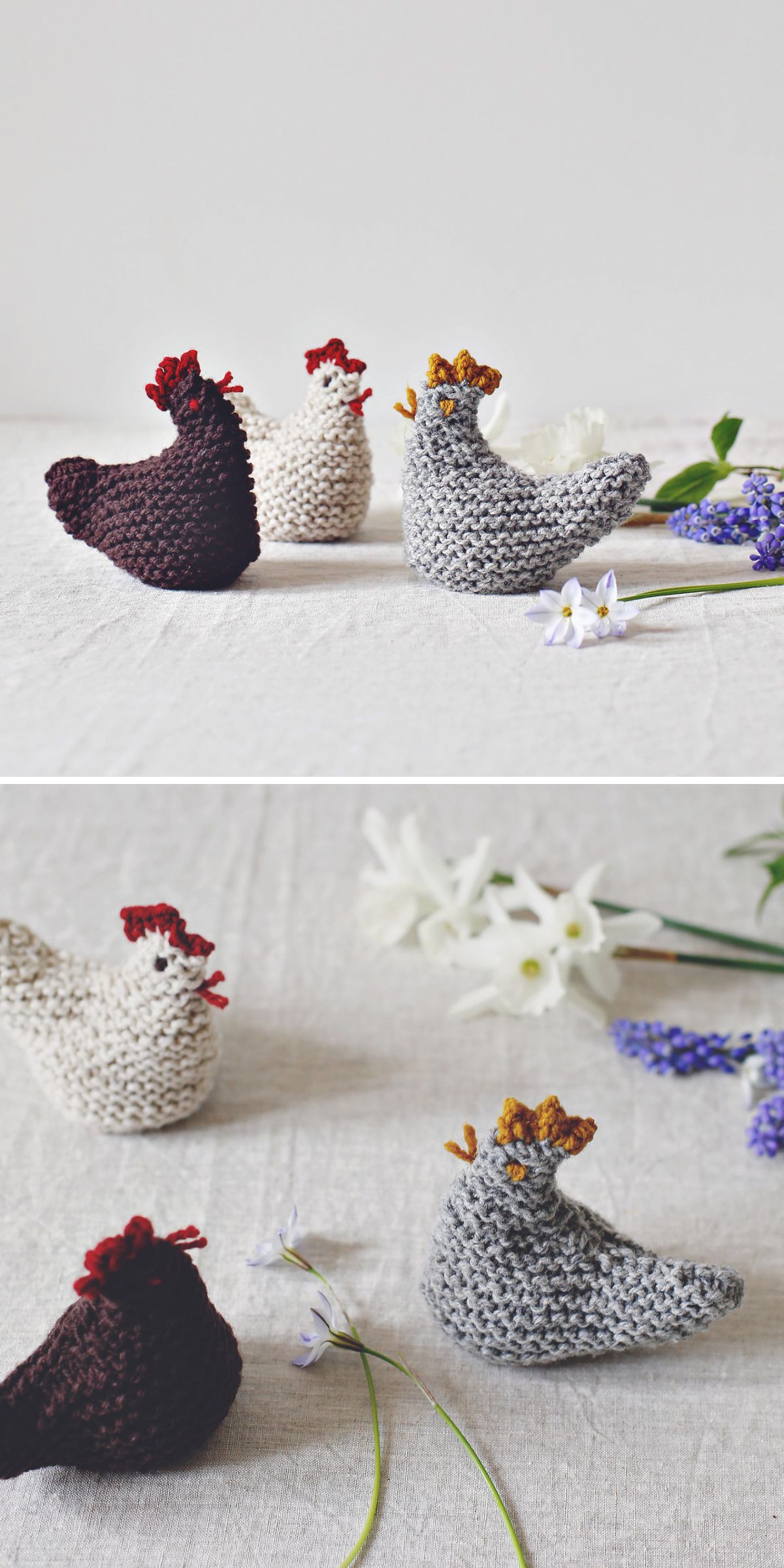 three small knitted chickens in different colors