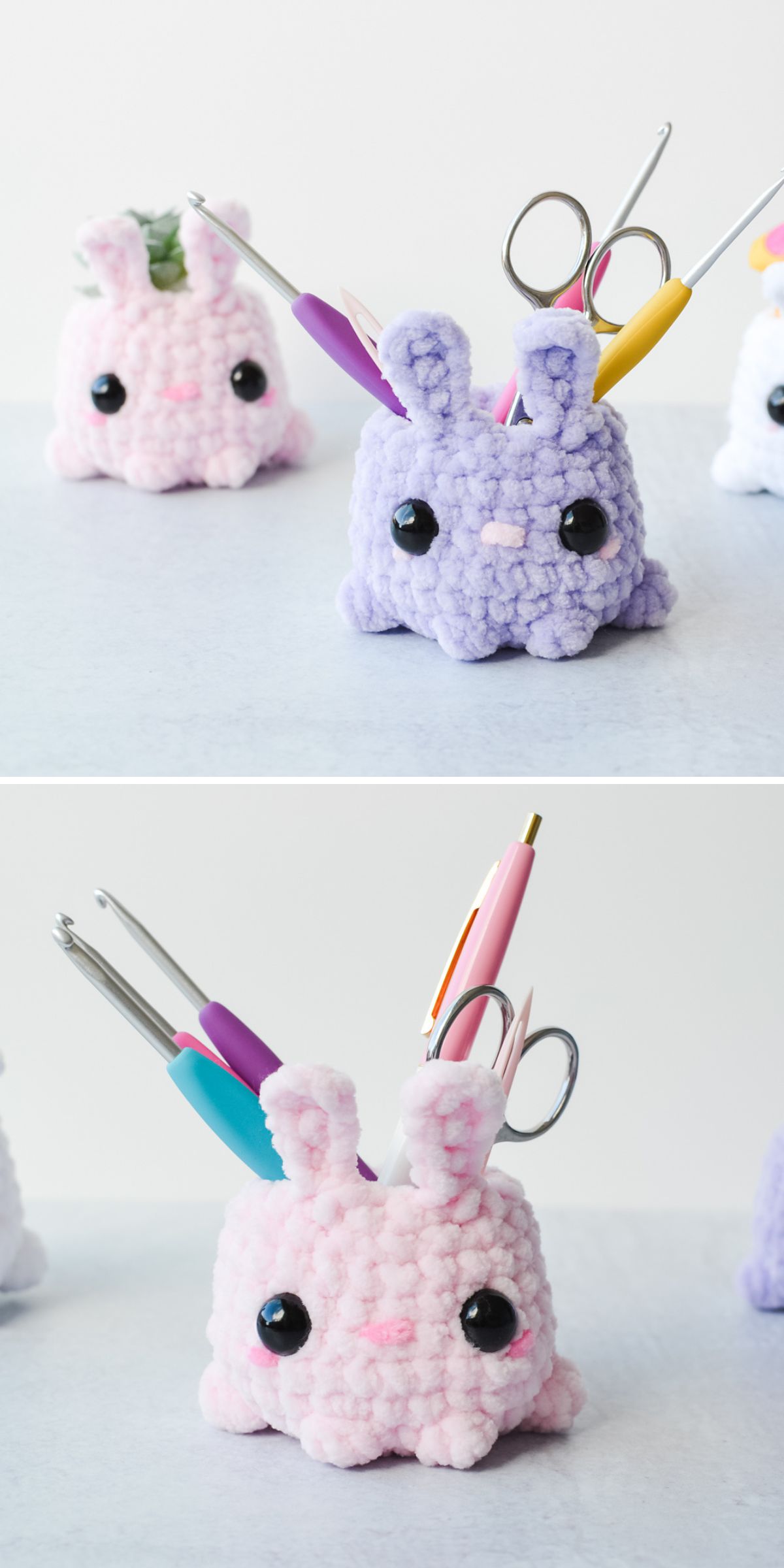 a cute crochet desk organizer shaped like a bunny 