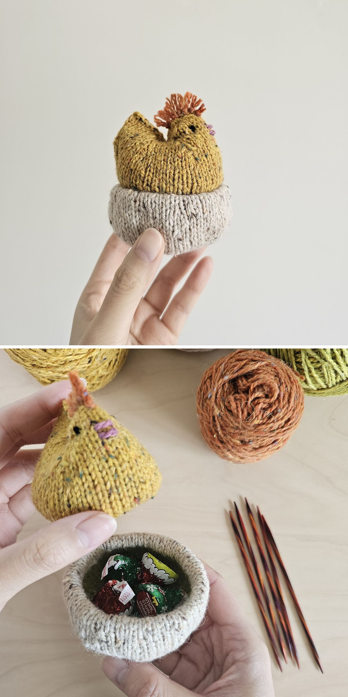 Two photos: A hand holds a knitted yellow chicken, perfect for knitted Easter decorations, sitting on a beige nest. The nest opens to reveal small wrapped candies inside. Knitting supplies are in the background.