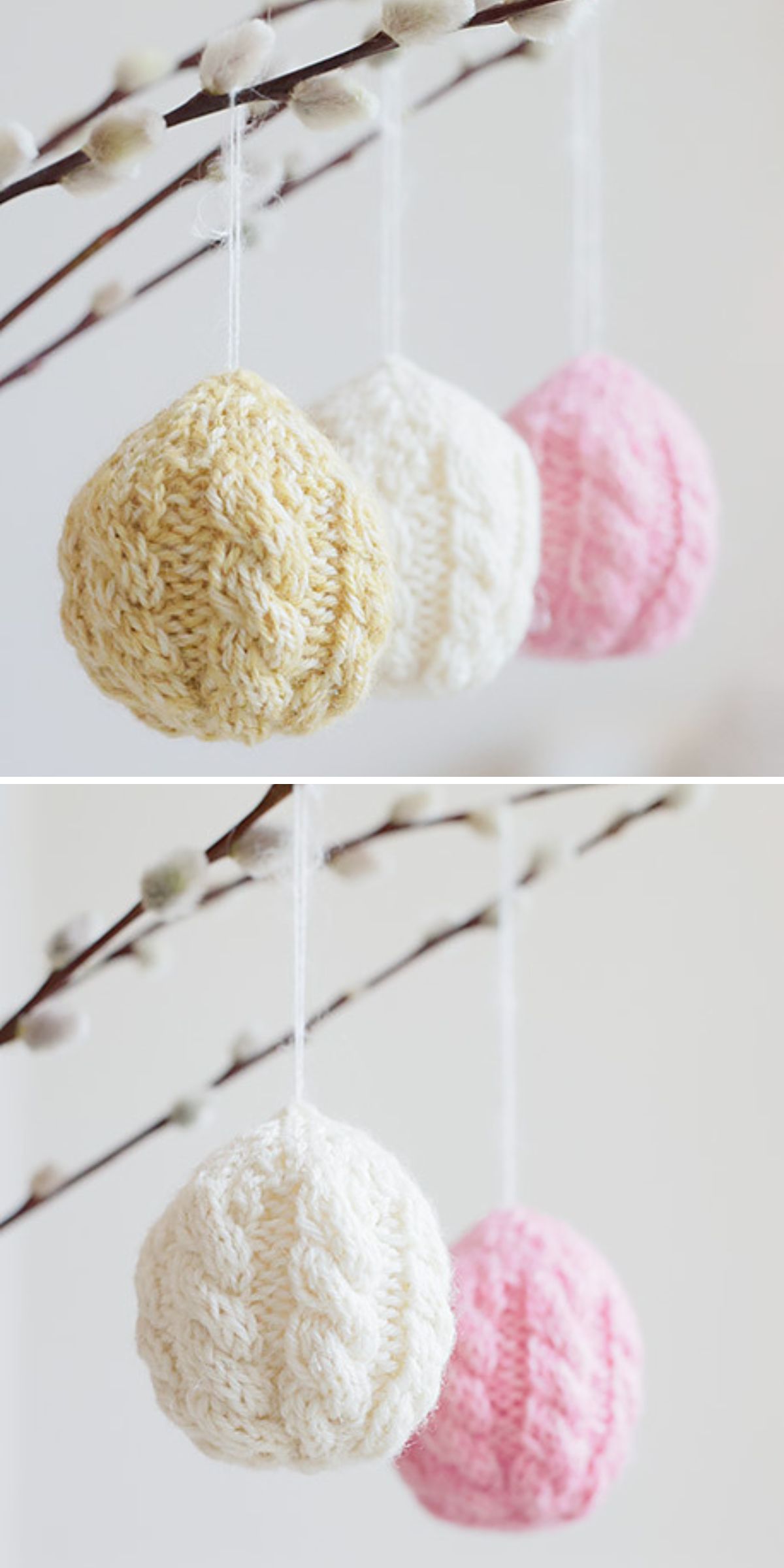 knitted braided baubles in pastel hues hung on an Easter tree