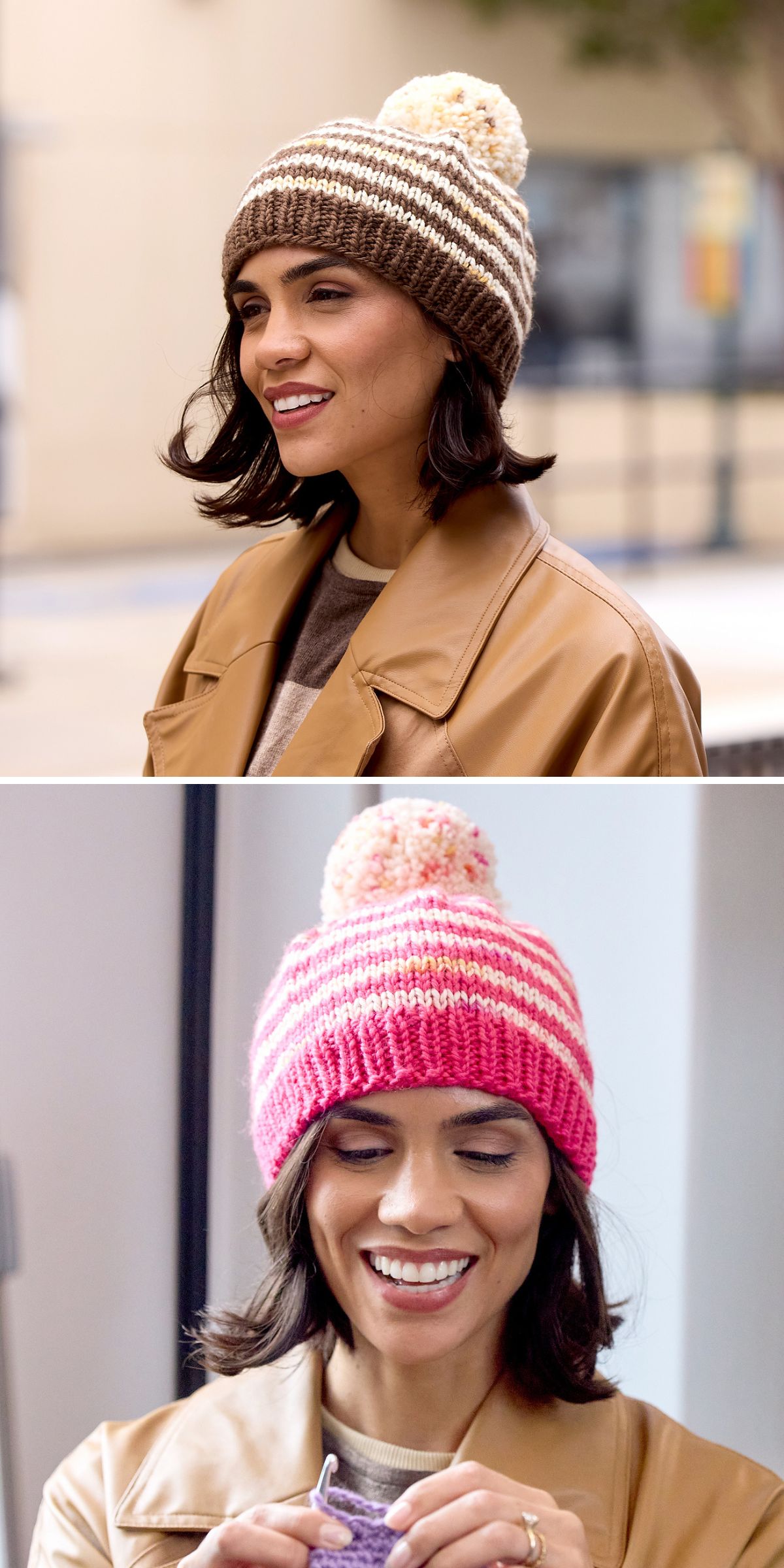 a striped knitted beanie with a pom pom