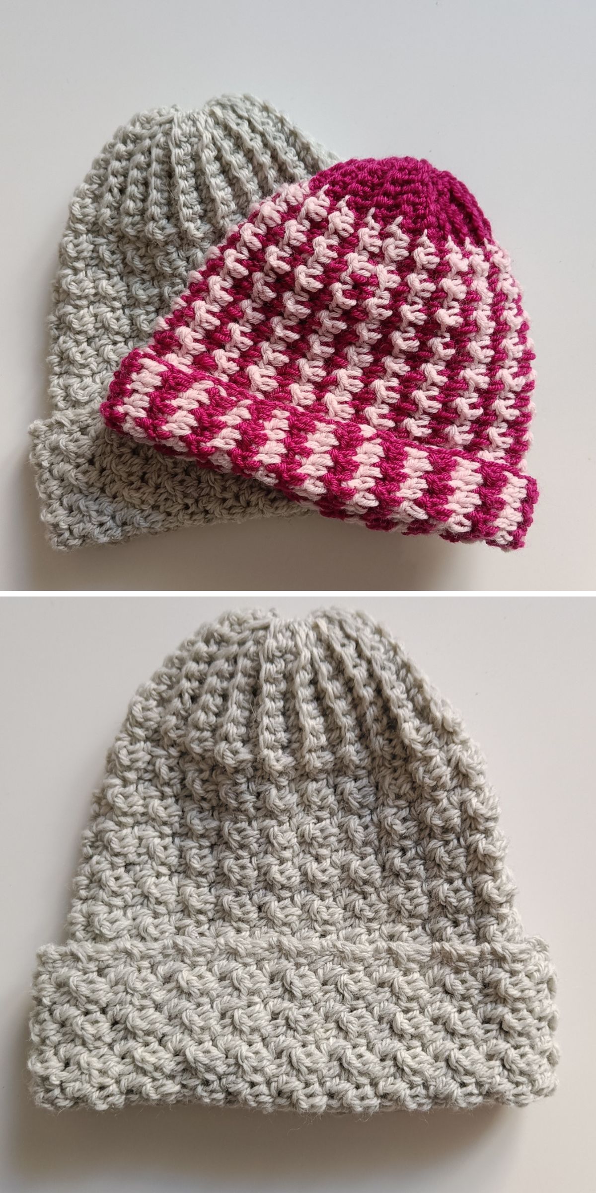 crochet beanies with an eye-catching two-colored pattern