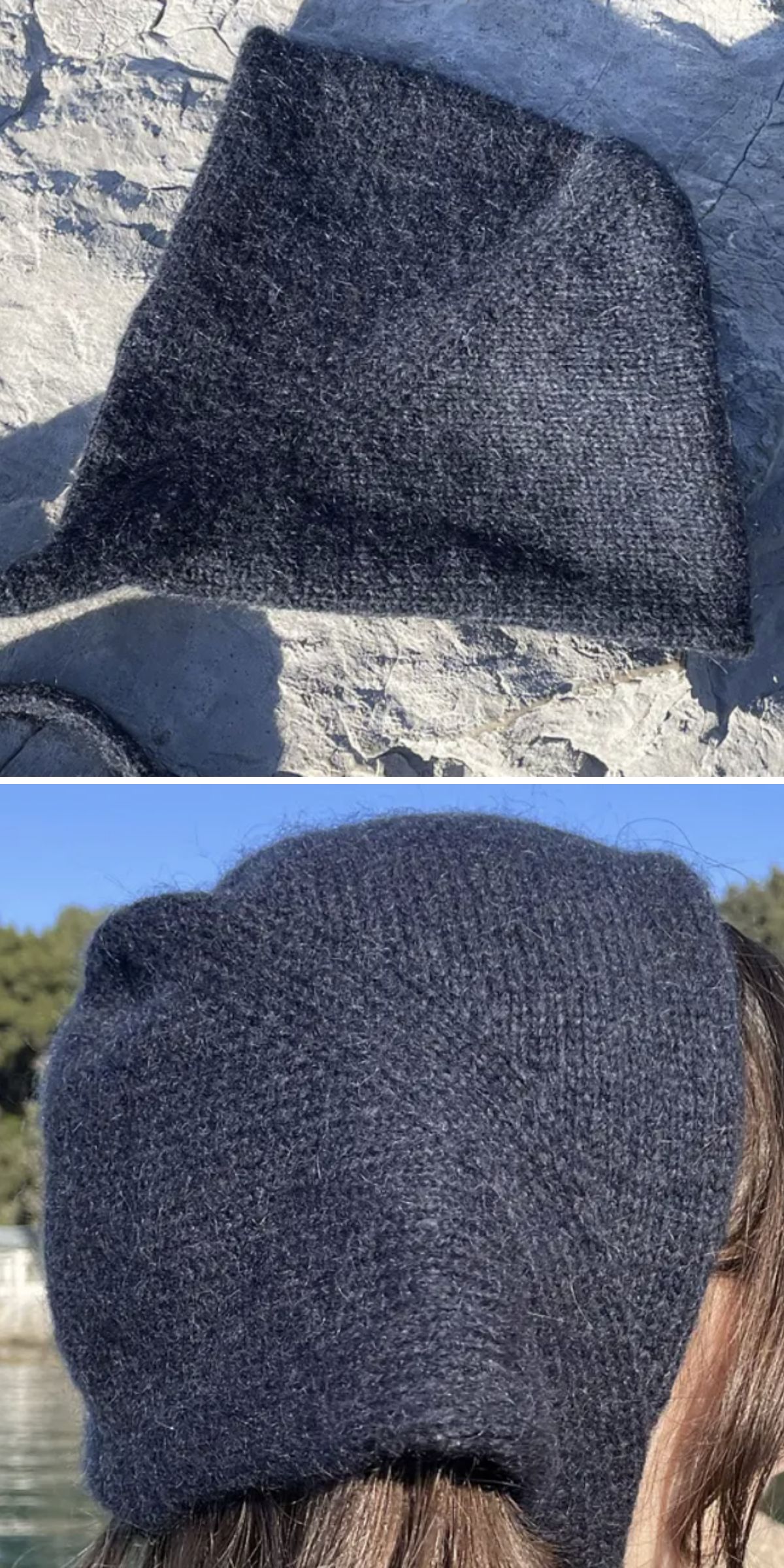 a black knitted bonnet made in mohair yarn