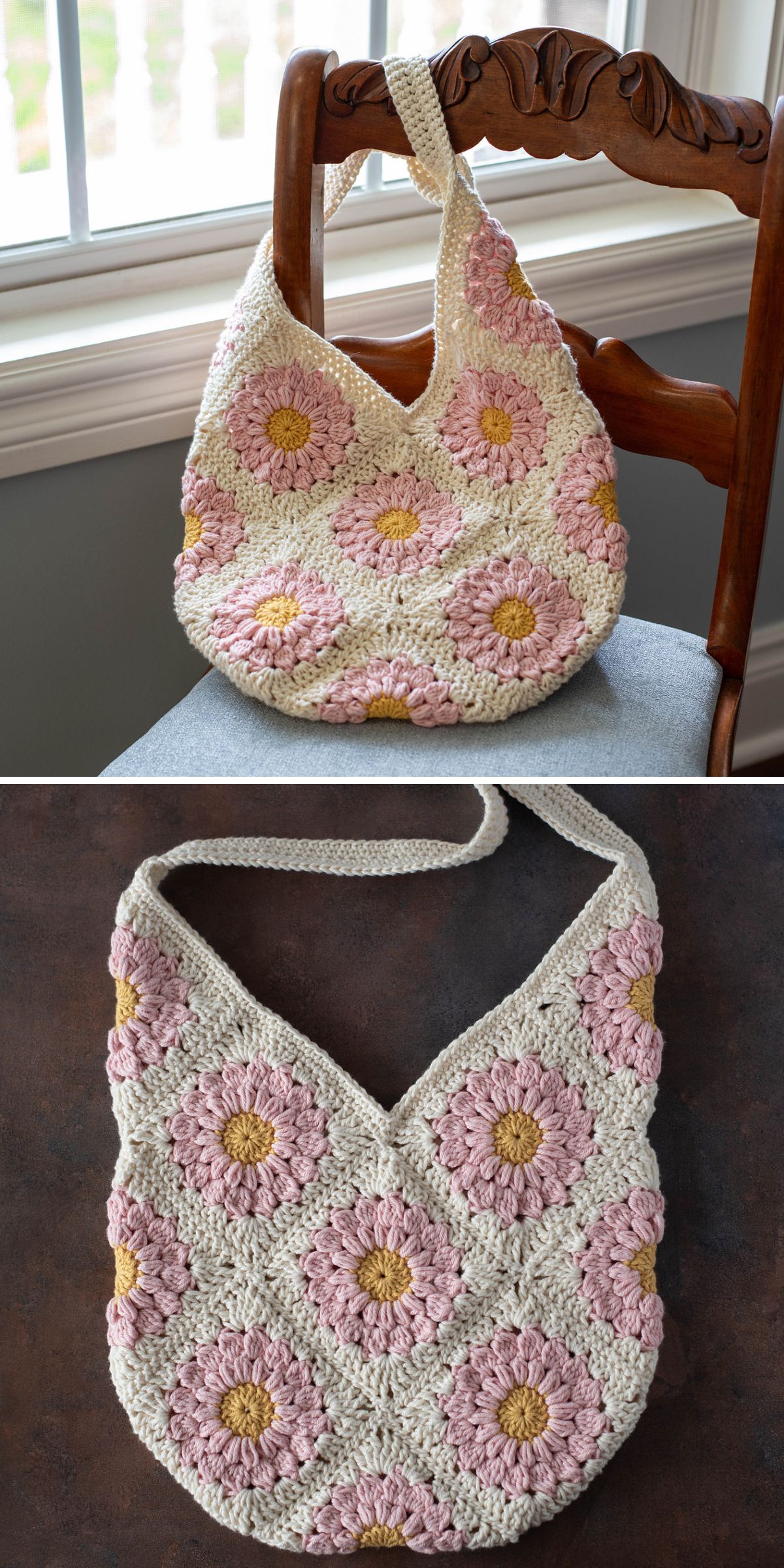 a crochet bag made of flower granny squares