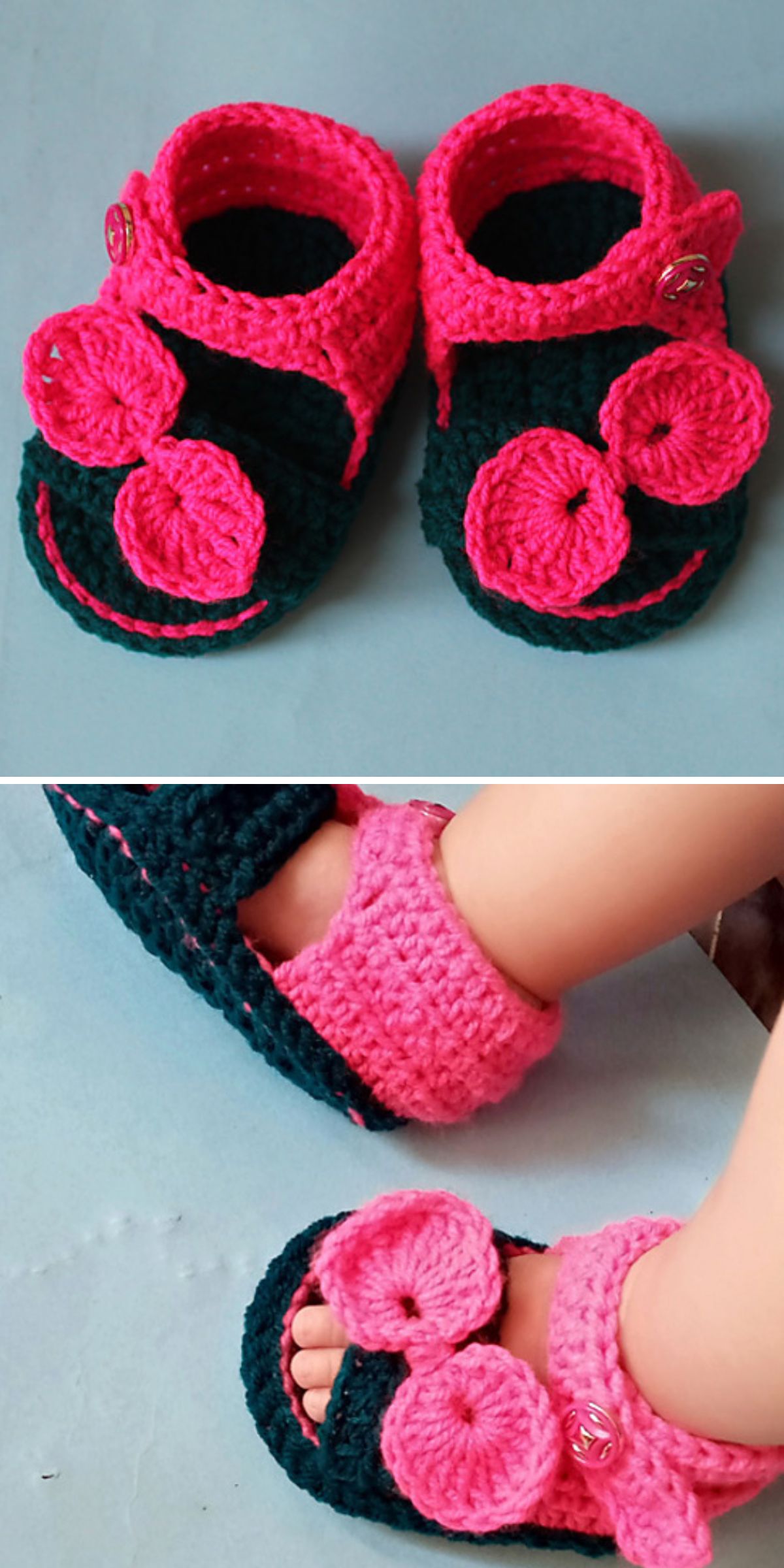 crochet baby sandals with big bows at the front in vibrant black and pink colors