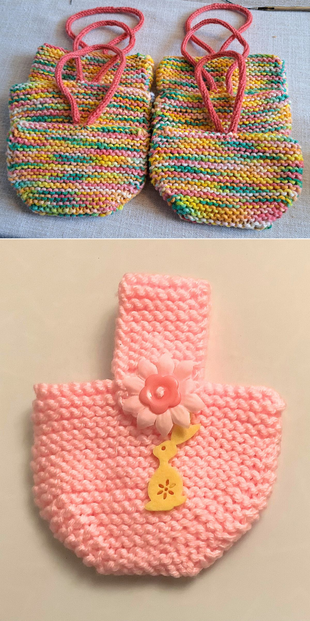 handmade Easter bags made with colorful variegated yarn