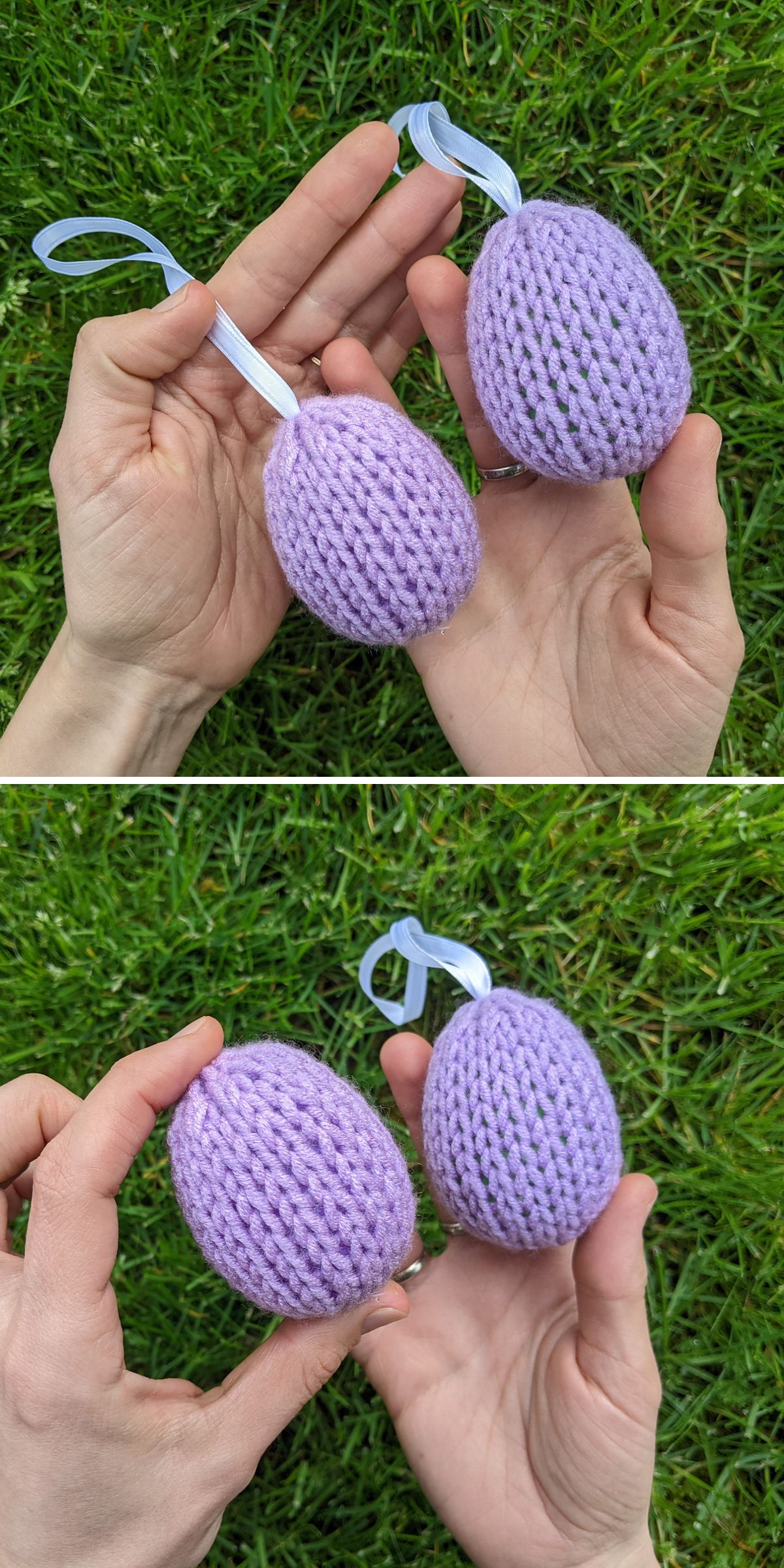 Two hands holding knitted Easter decorations—purple, egg-shaped ornaments with white ribbon loops—are shown from different angles over grass.