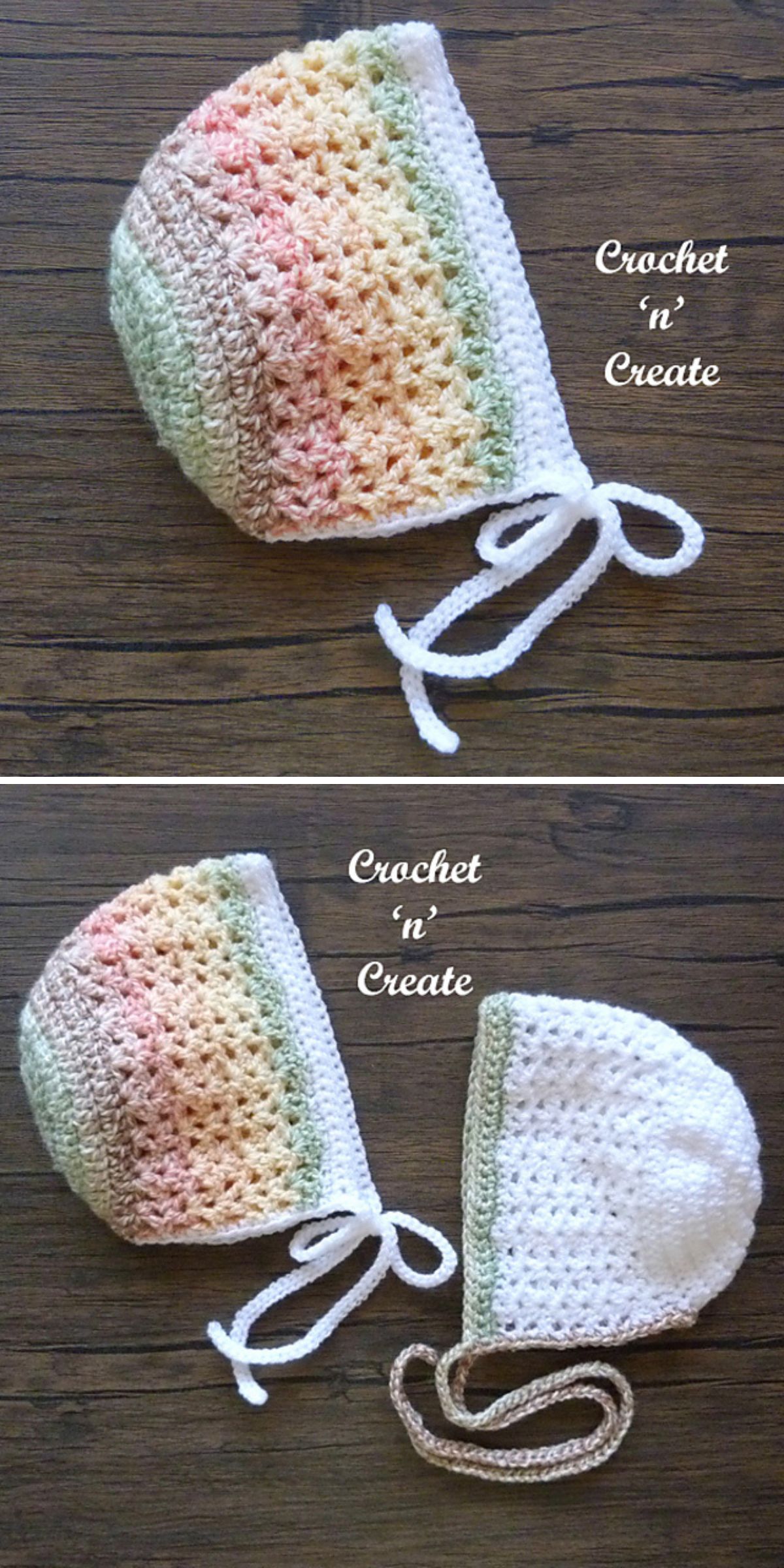 Two handmade crochet bonnets in pastel and white are displayed on a wooden surface, each featuring a chin tie. Text reads "Crochet 'n' Create.