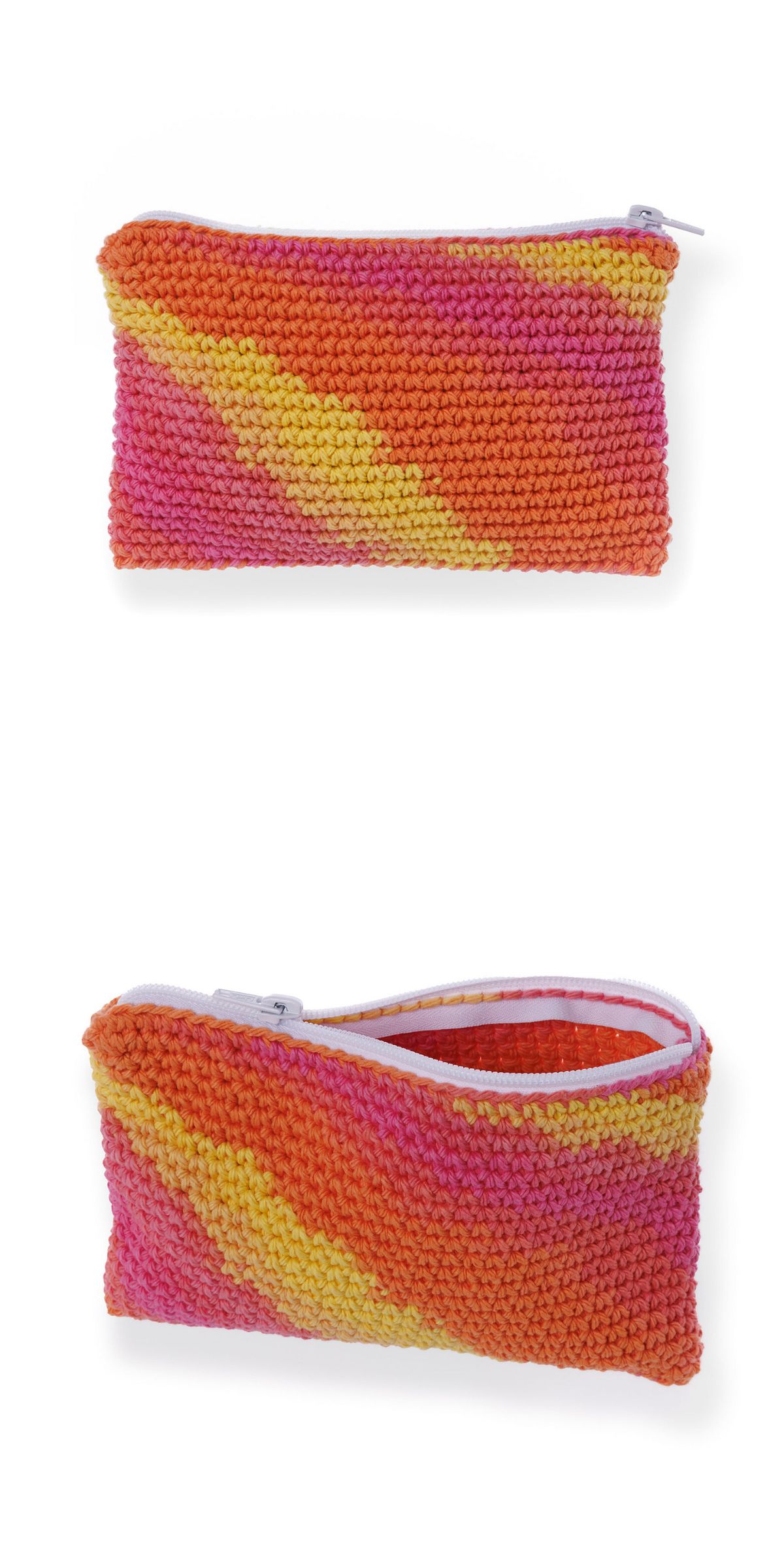 a colorful rectangular crochet zip pouch