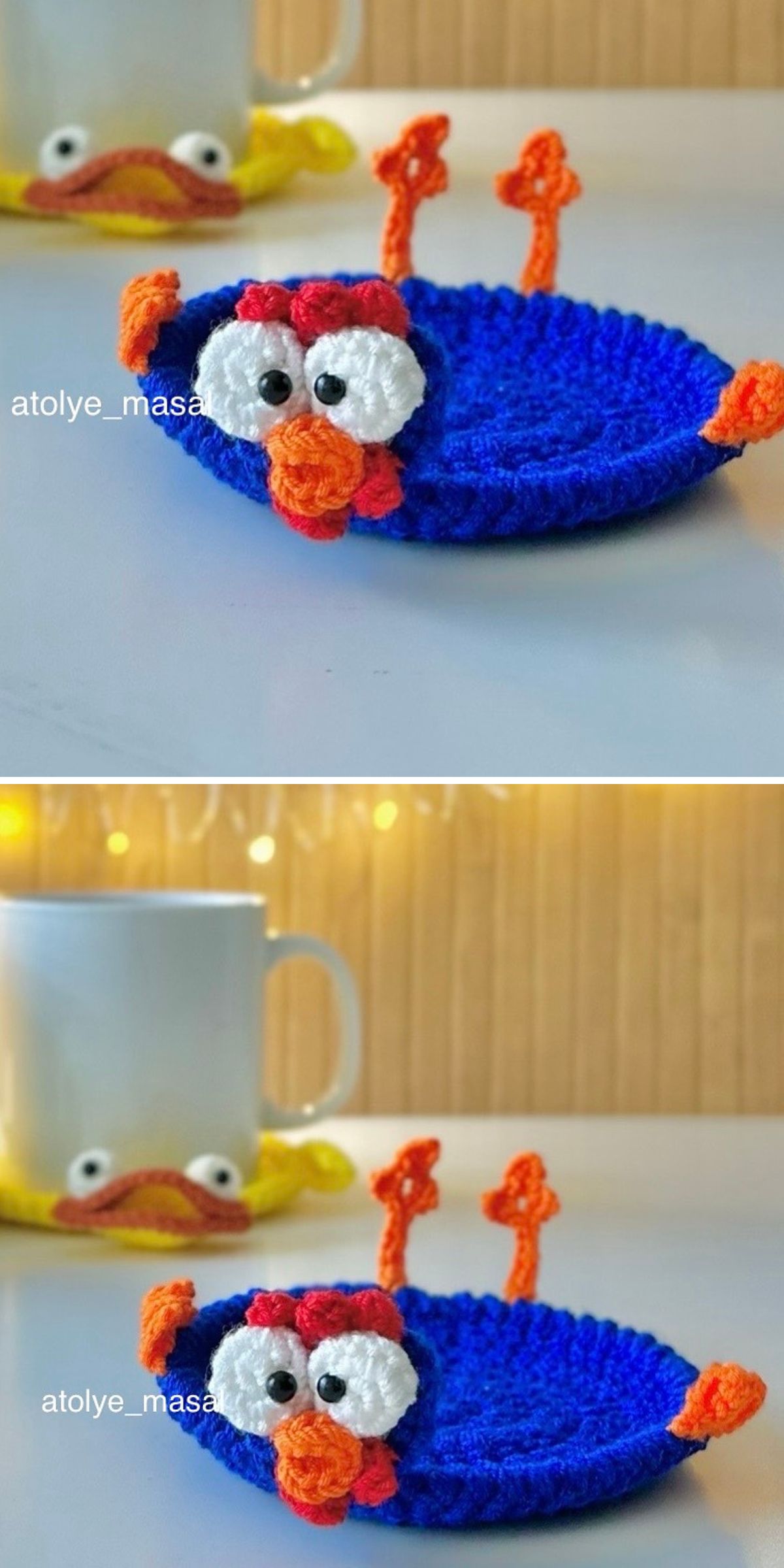 A crocheted blue bird coaster with orange feet, perfect as crochet Easter decor, sits beside a mug featuring a matching bird face in the background.