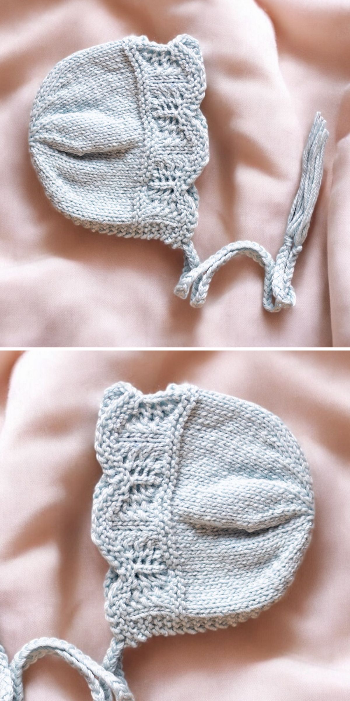 a knitted bonnet in a light grey color