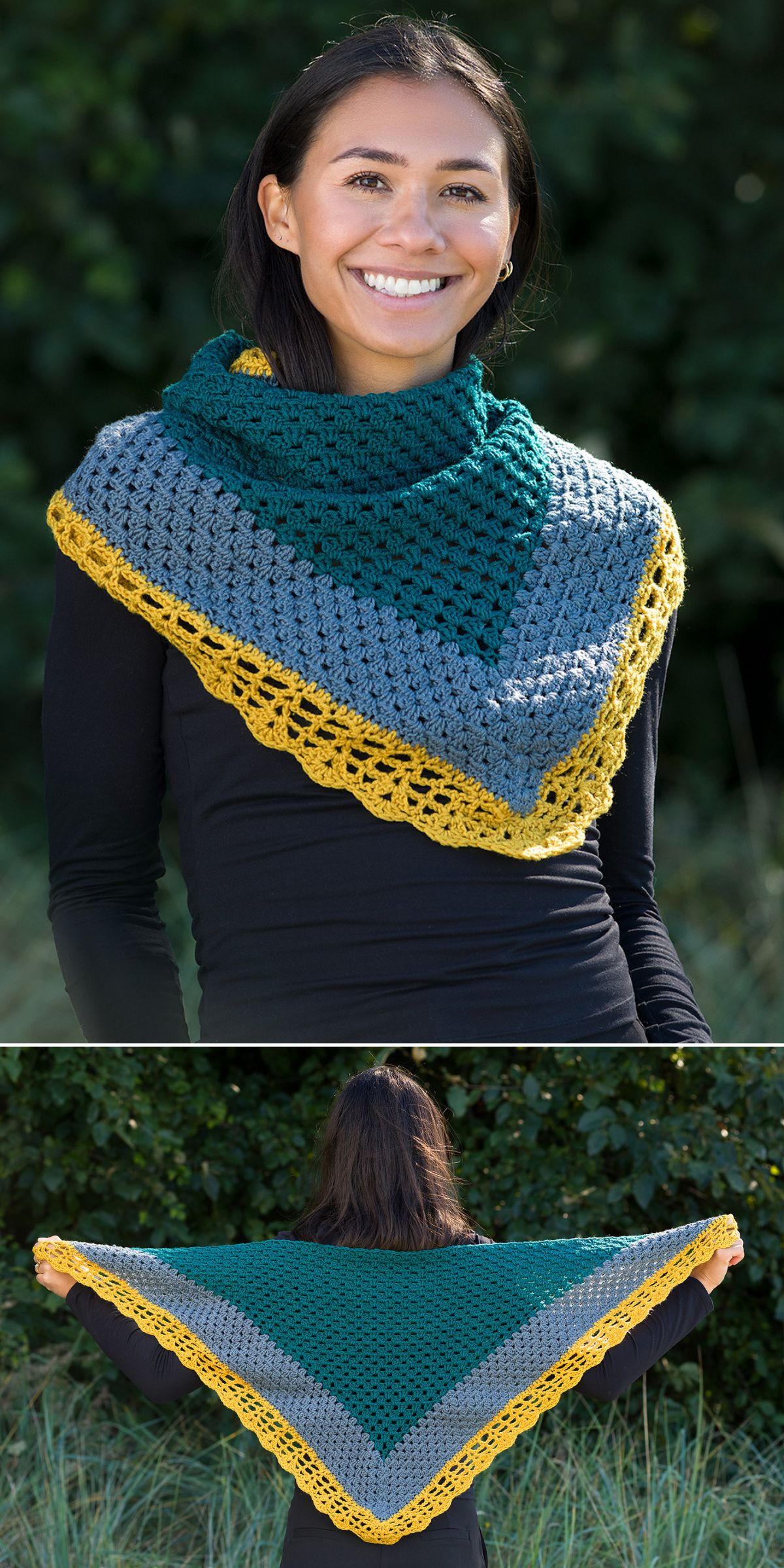 a blue triangular crochet shawl with a yellow edging