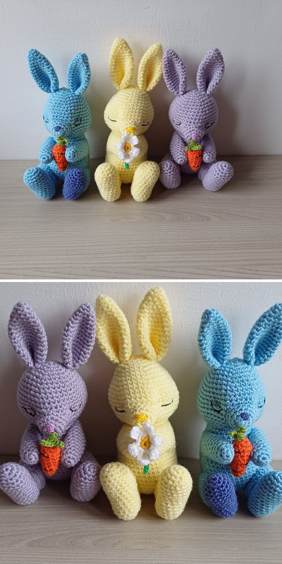 three adorable crochet bunnies holding either a flower or a carrot 