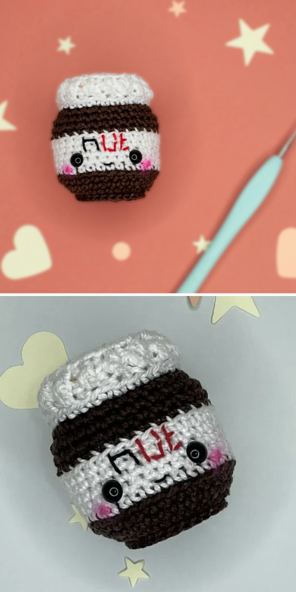 a crochet Nutella jar with eyes and a smile