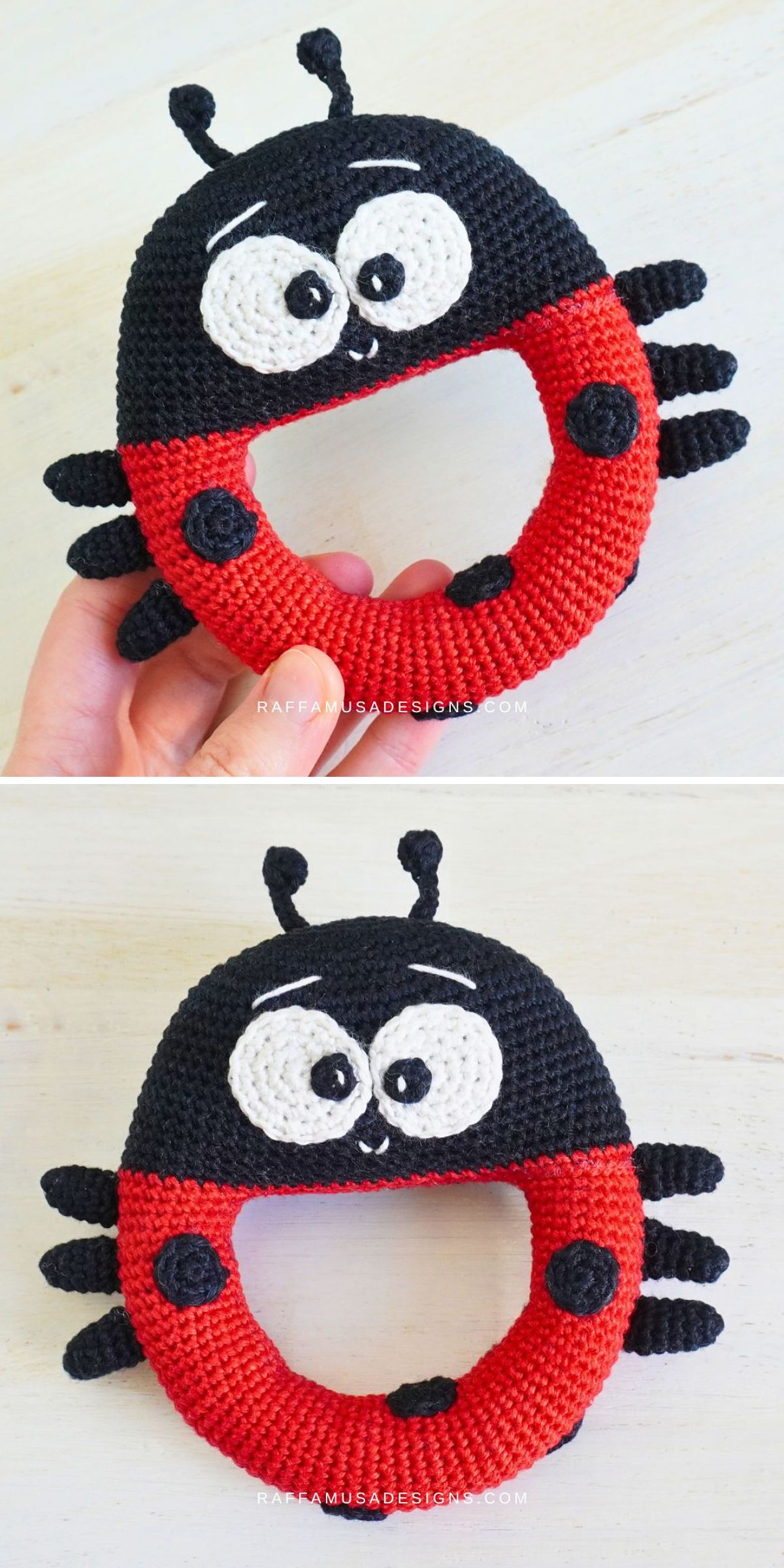 a crochet baby rattle with a ladybug design