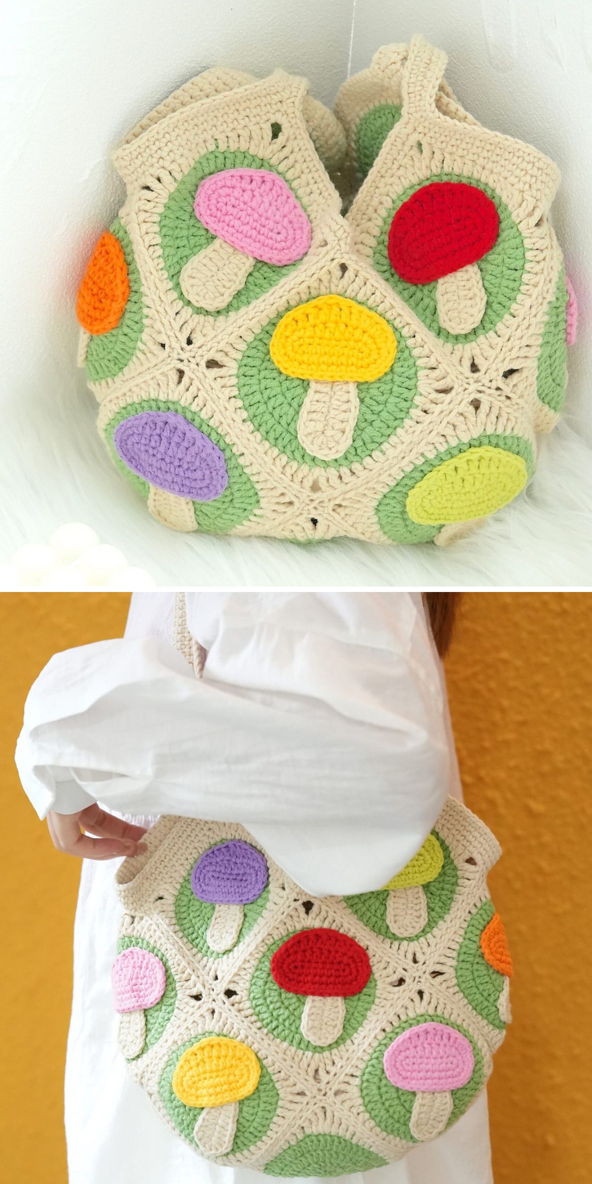 a crochet tote bag constructed from granny squares with mushroom center motifs