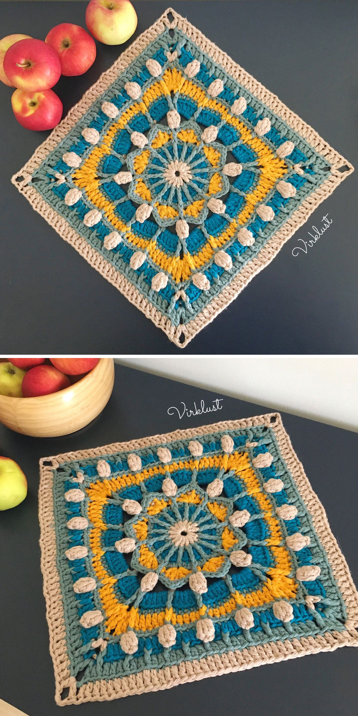a crochet square with rich texture and detail