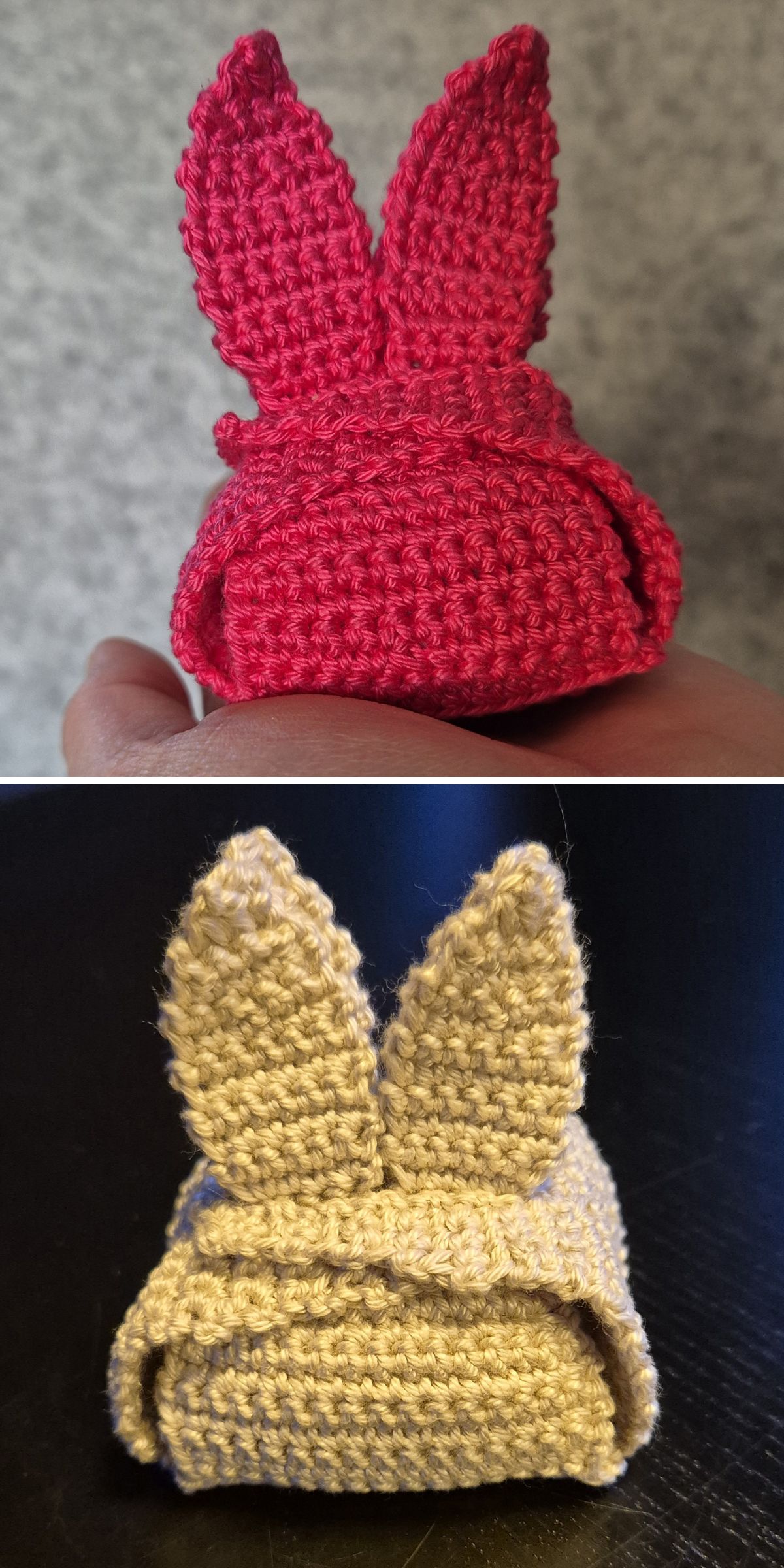 Two crocheted objects shaped like rabbits — one red, one beige — with prominent upright ears are shown separately in close-up photos, making charming crochet Easter decor.