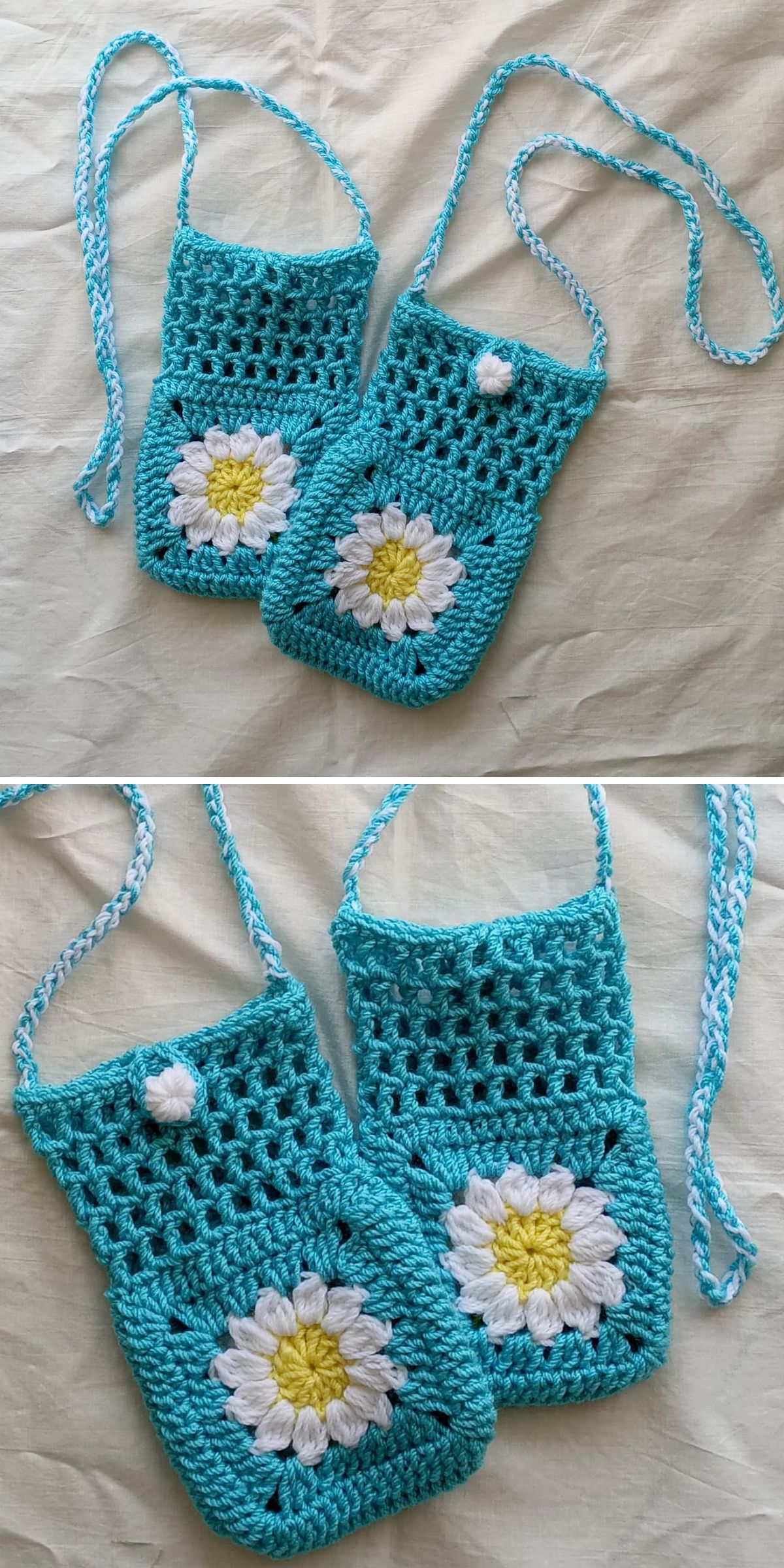 two blue crochet phone bags featuring a granny square with a flower at the botton and mesh fabric on the top