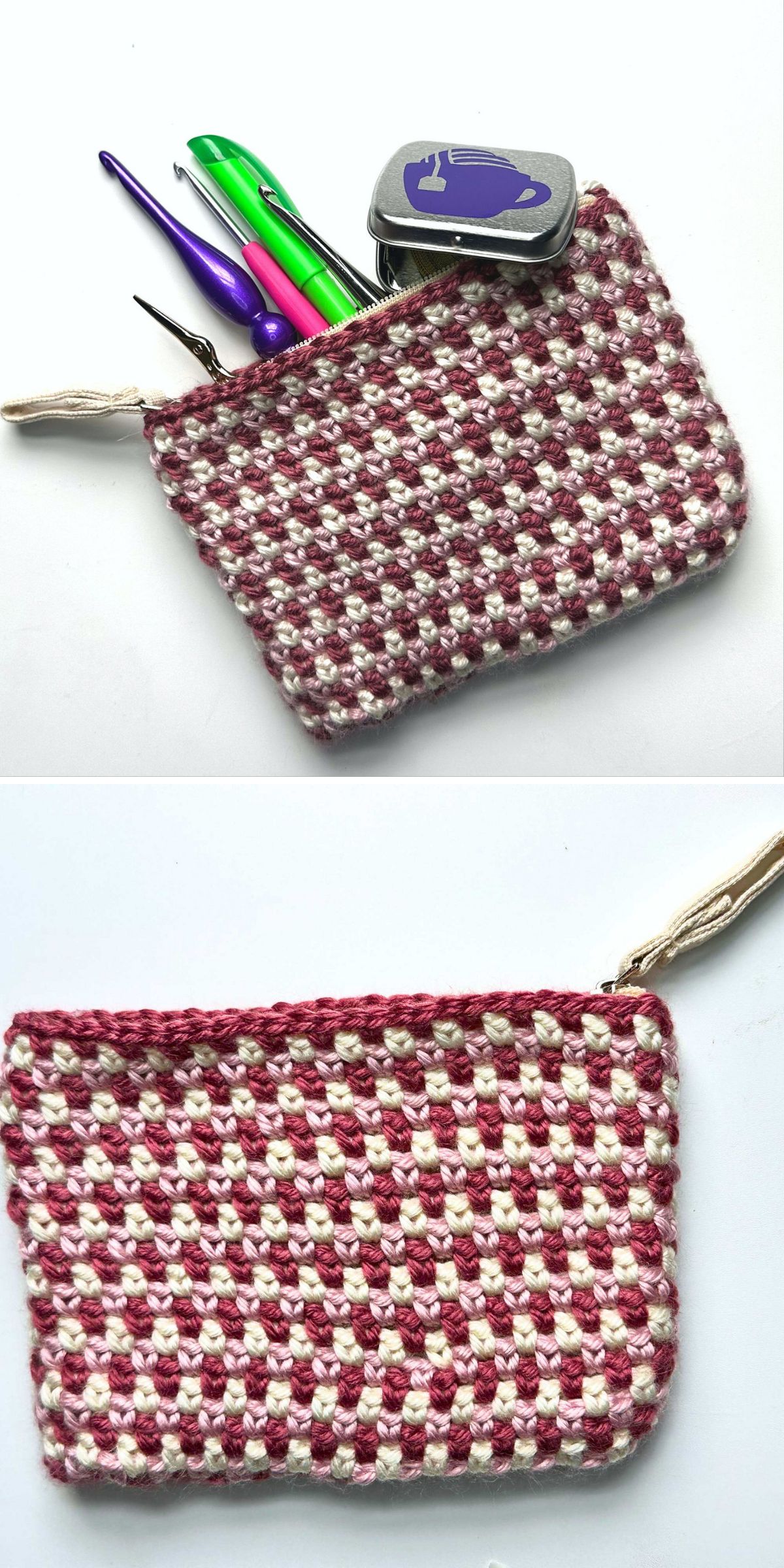 an eye-catching crochet pouch with a zipper