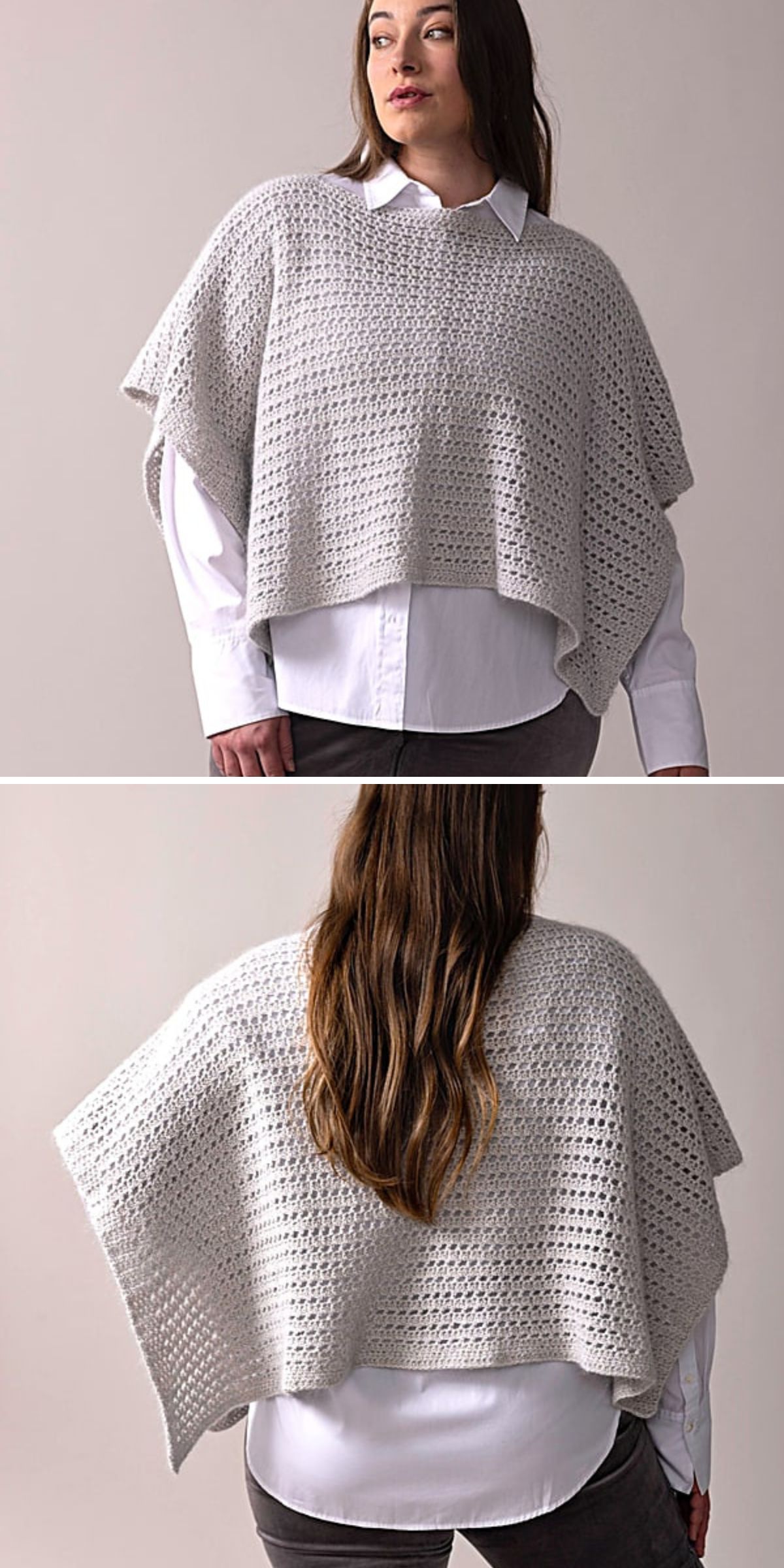 a crochet poncho made from two rectangles in a grey color