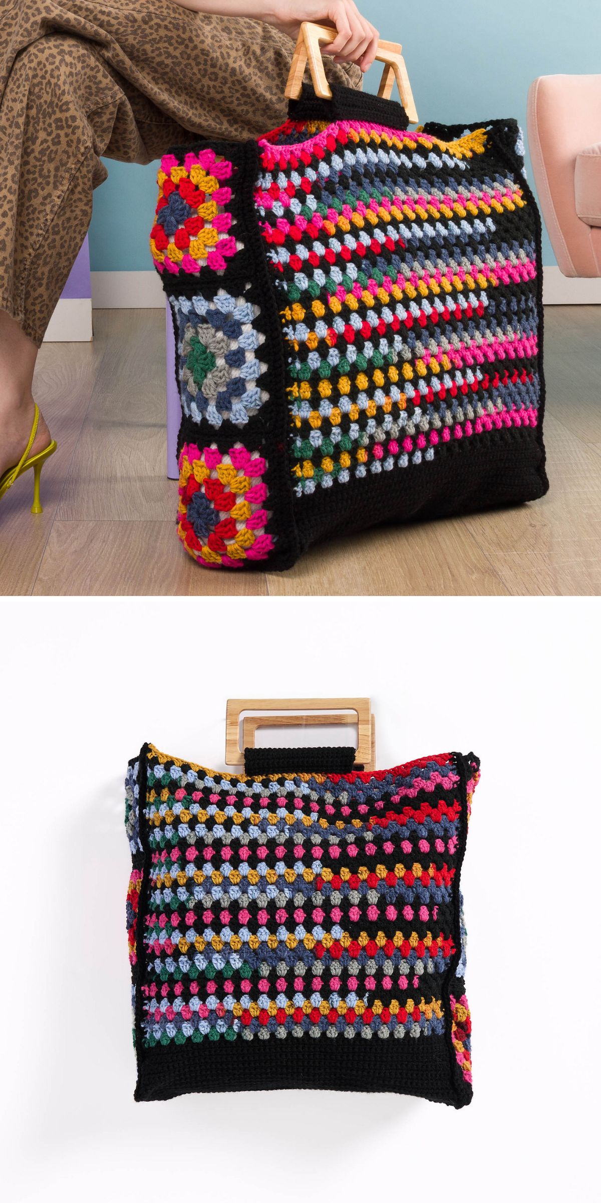 a large rectangular crochet bag made from granny squares and bold granny stitch stripes