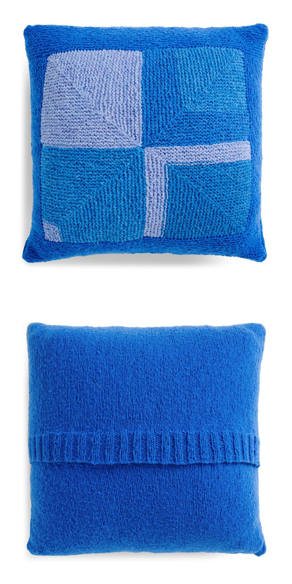 a blue knitted pillow