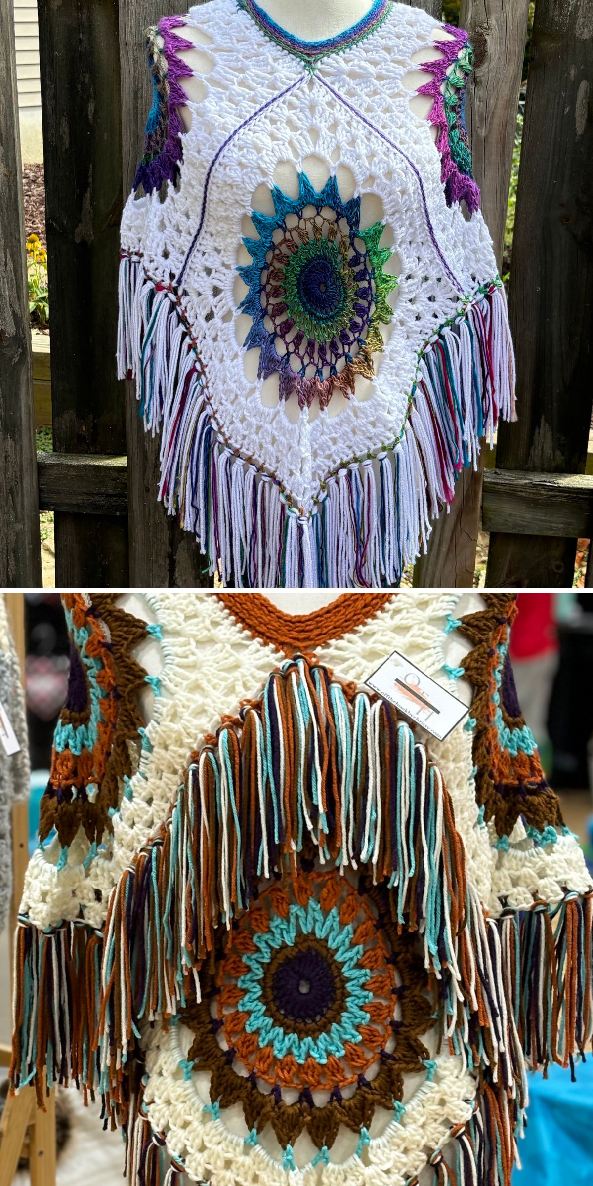 a boho-style crochet poncho made of large lace granny squares and featuring tessels