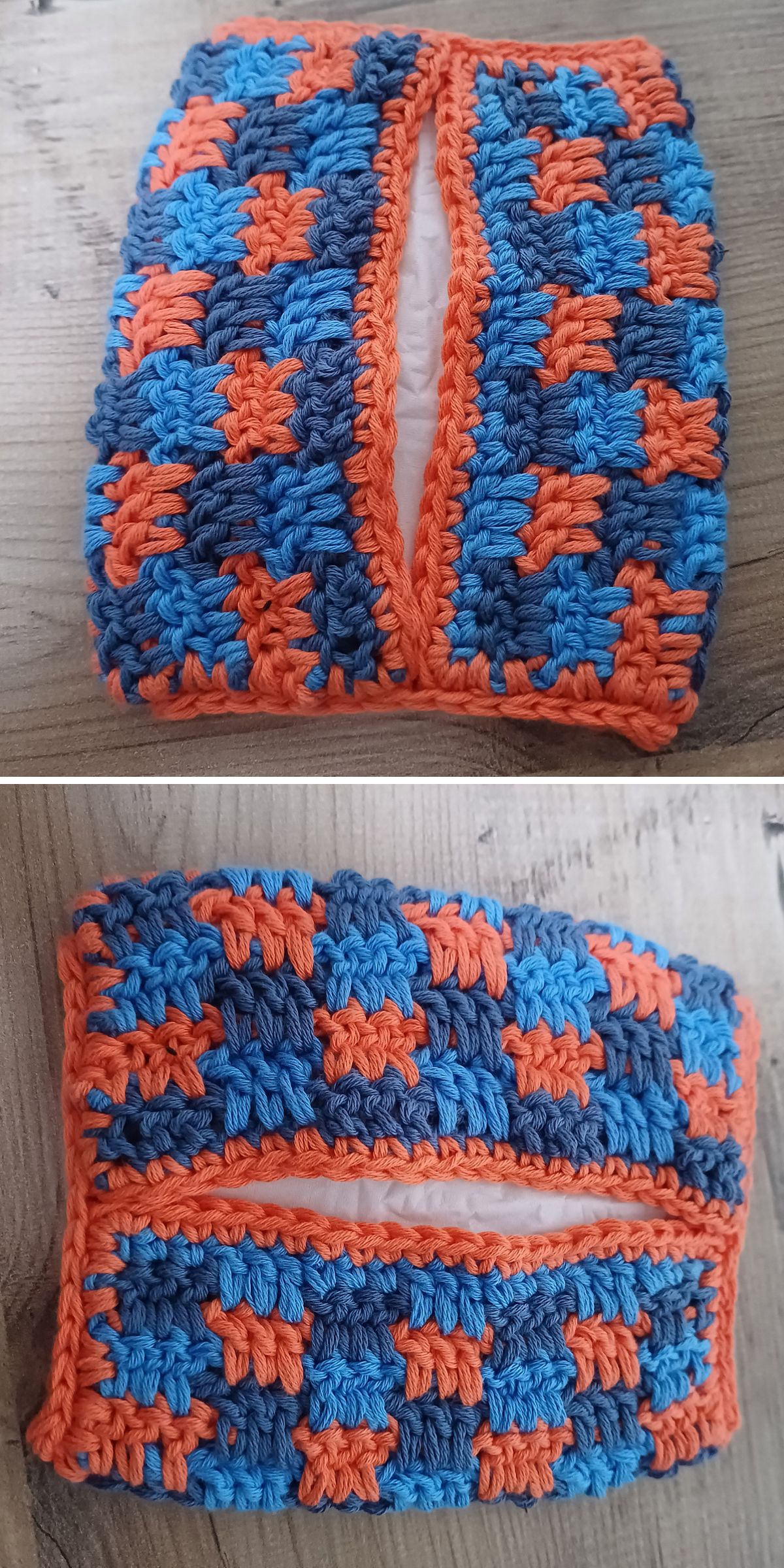 a crochet tissue box featuring a chequered design in blue and orange colors