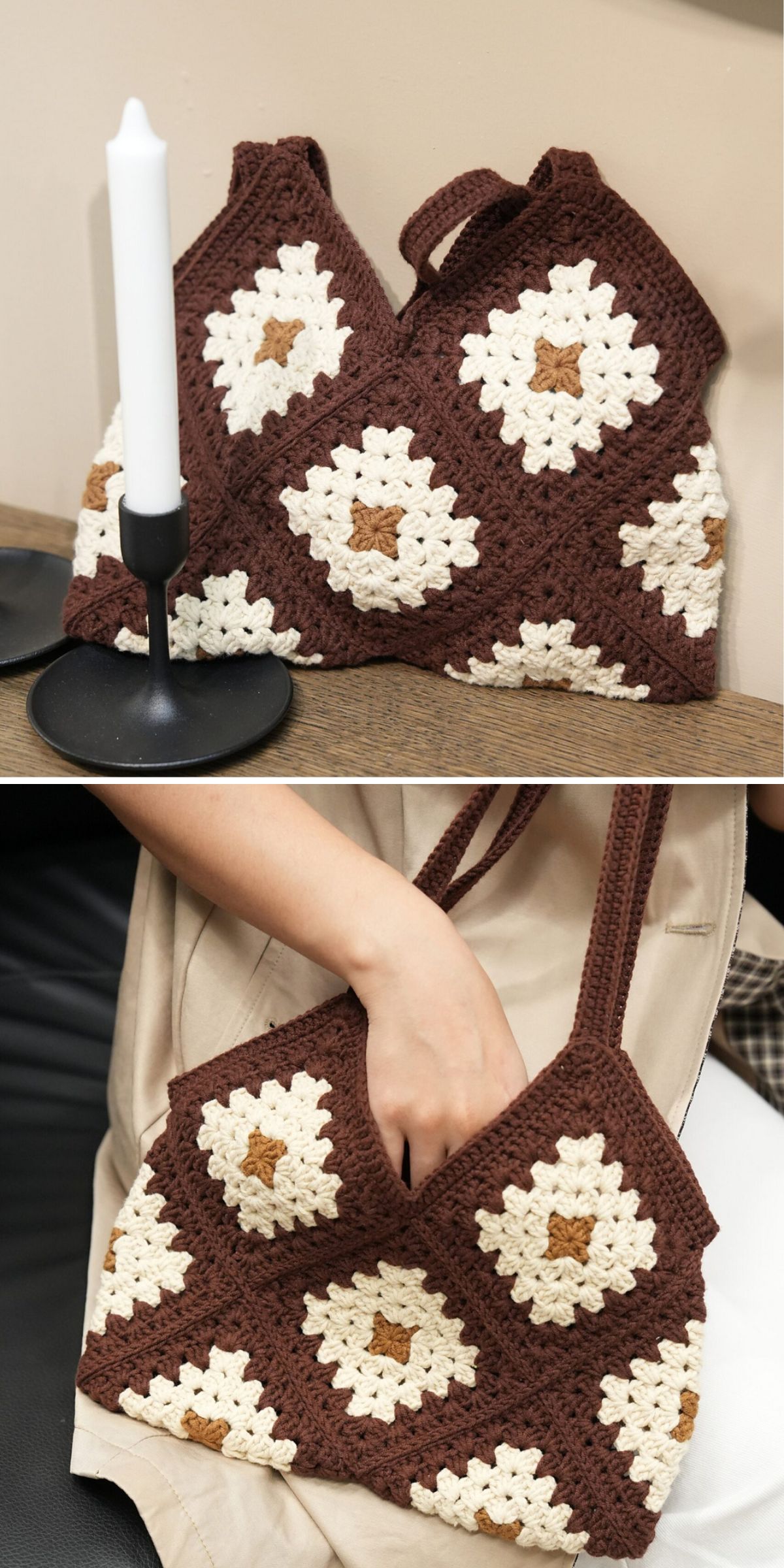 a crochet bag made from granny squares in brown and white
