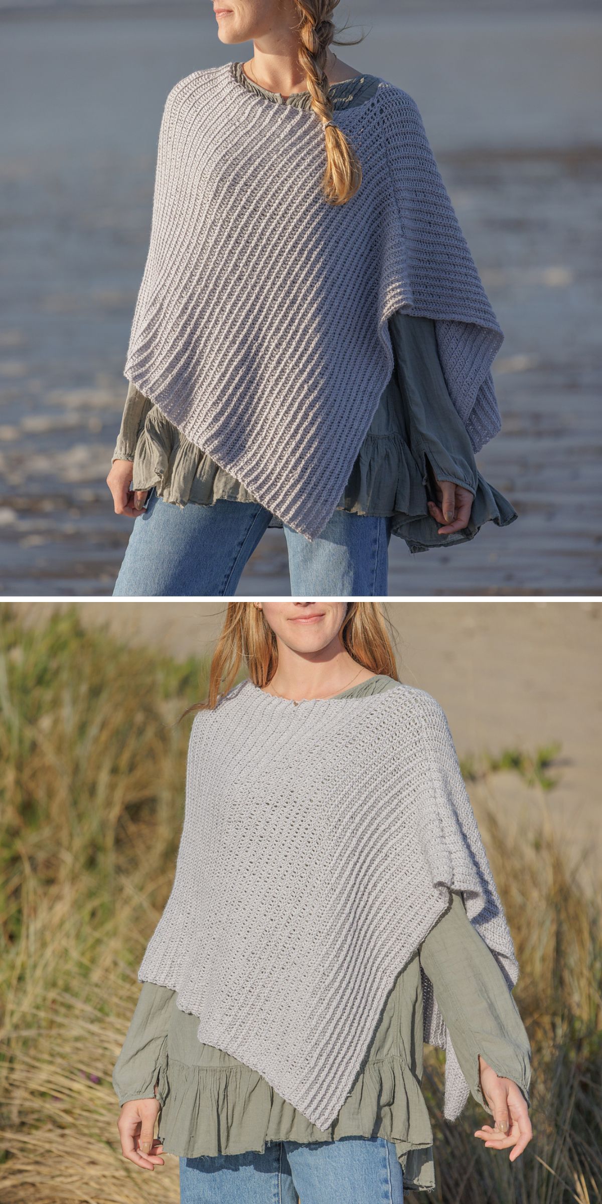 a woman wearing a modern crochet poncho with a ribbed texture