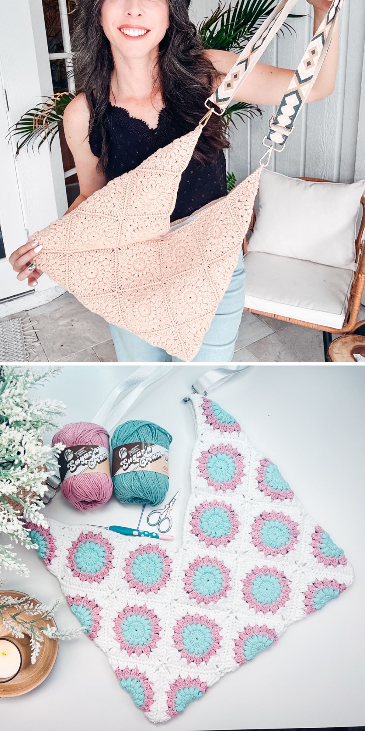 a crocheted bag constructed from sunburst granny squares with floral centers 